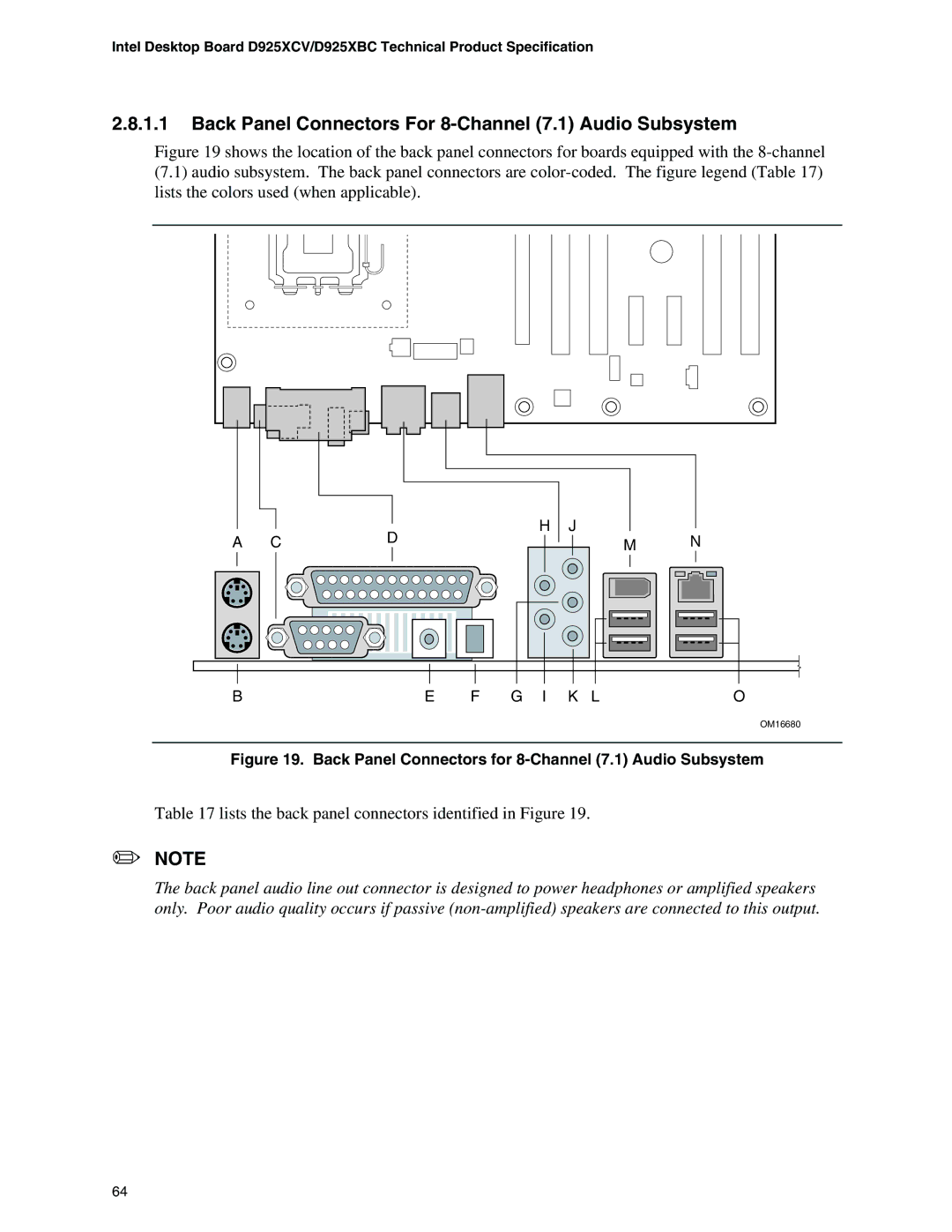 Intel D925XCV, D925XBC specifications Back Panel Connectors For 8-Channel 7.1 Audio Subsystem 