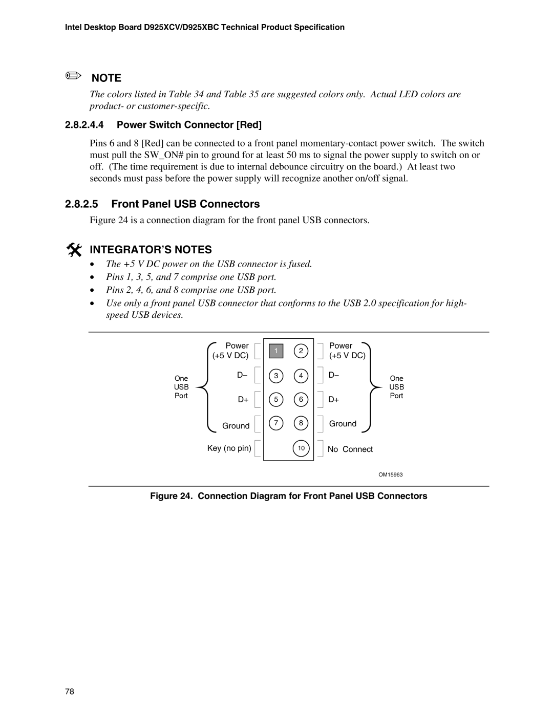 Intel D925XCV, D925XBC specifications Connection Diagram for Front Panel USB Connectors 