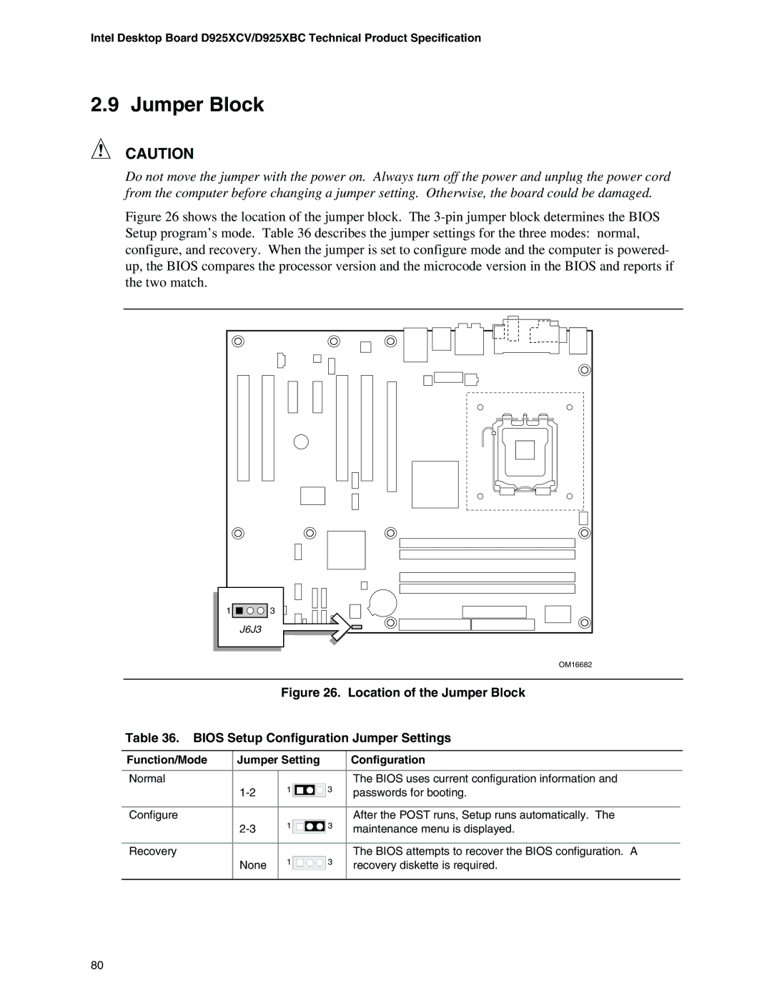 Intel D925XCV, D925XBC specifications Jumper Block, Function/Mode Jumper Setting Configuration 