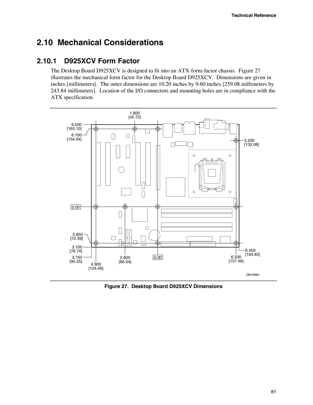 Intel D925XBC specifications Mechanical Considerations, 10.1 D925XCV Form Factor 