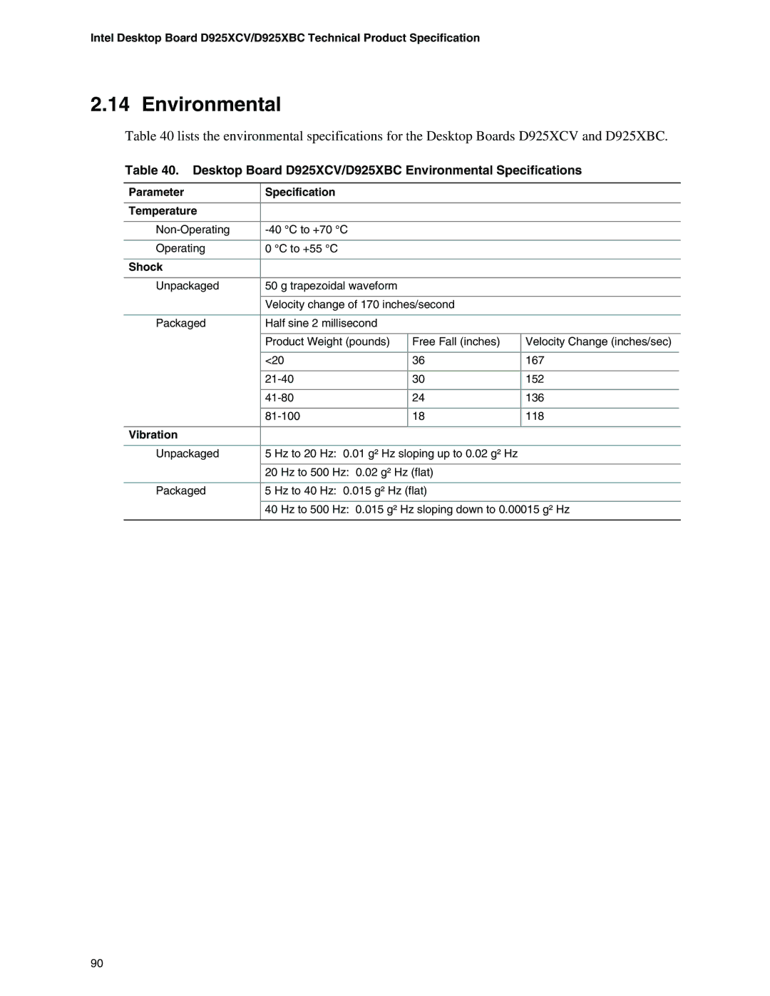 Intel Desktop Board D925XCV/D925XBC Environmental Specifications, Parameter Specification Temperature, Shock 