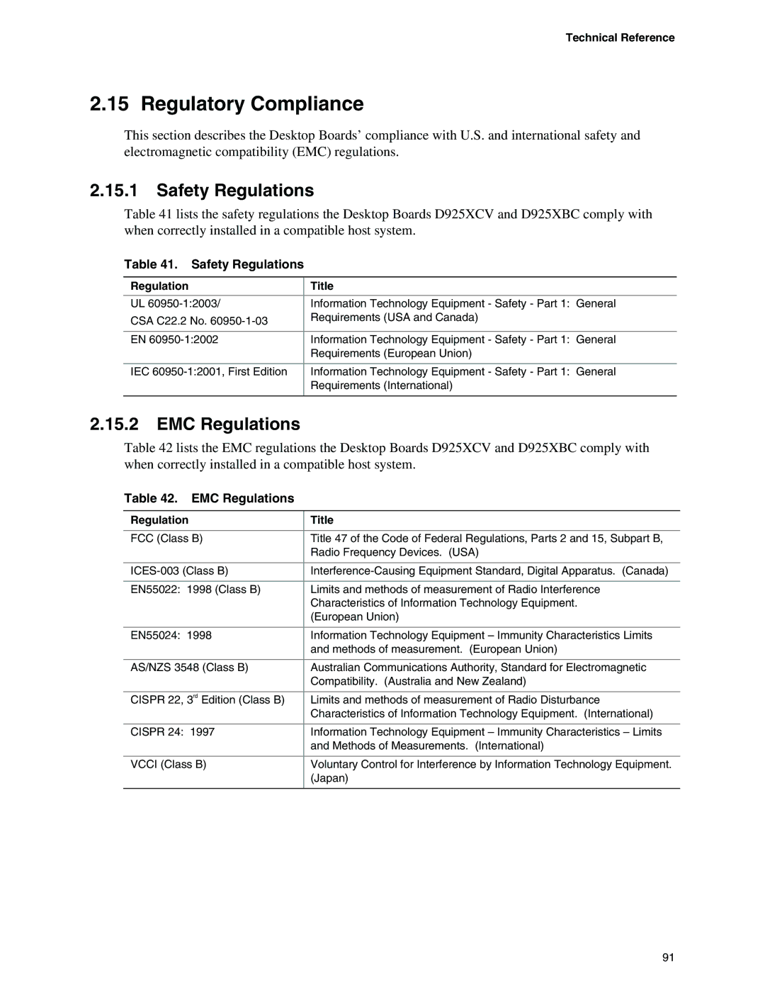 Intel D925XBC, D925XCV specifications Regulatory Compliance, Safety Regulations, EMC Regulations 