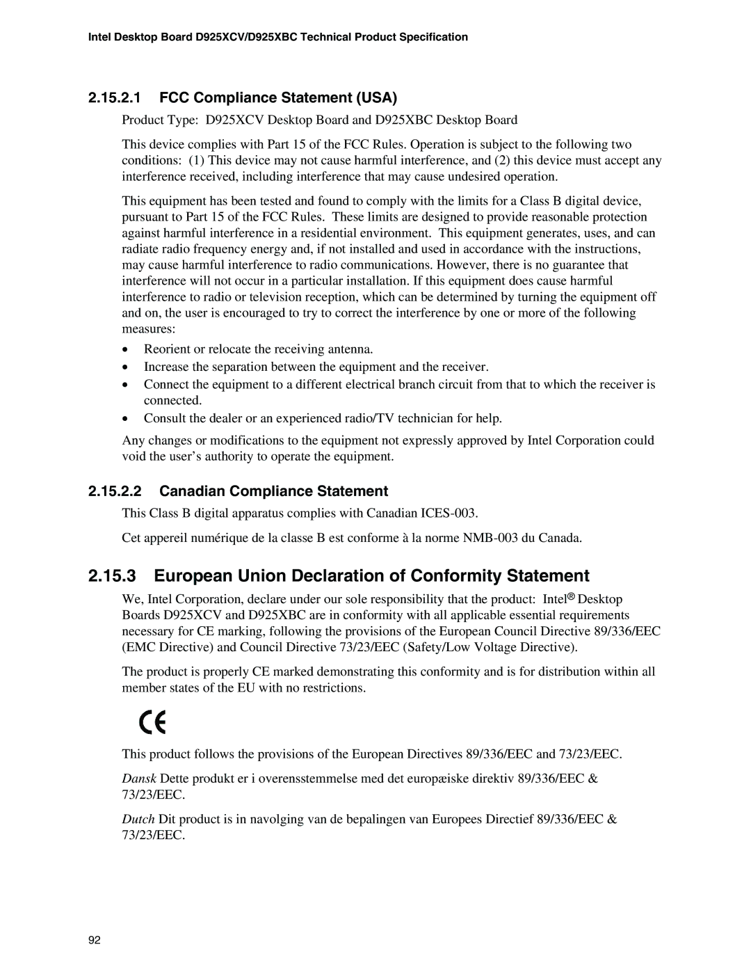 Intel D925XCV, D925XBC specifications European Union Declaration of Conformity Statement, FCC Compliance Statement USA 