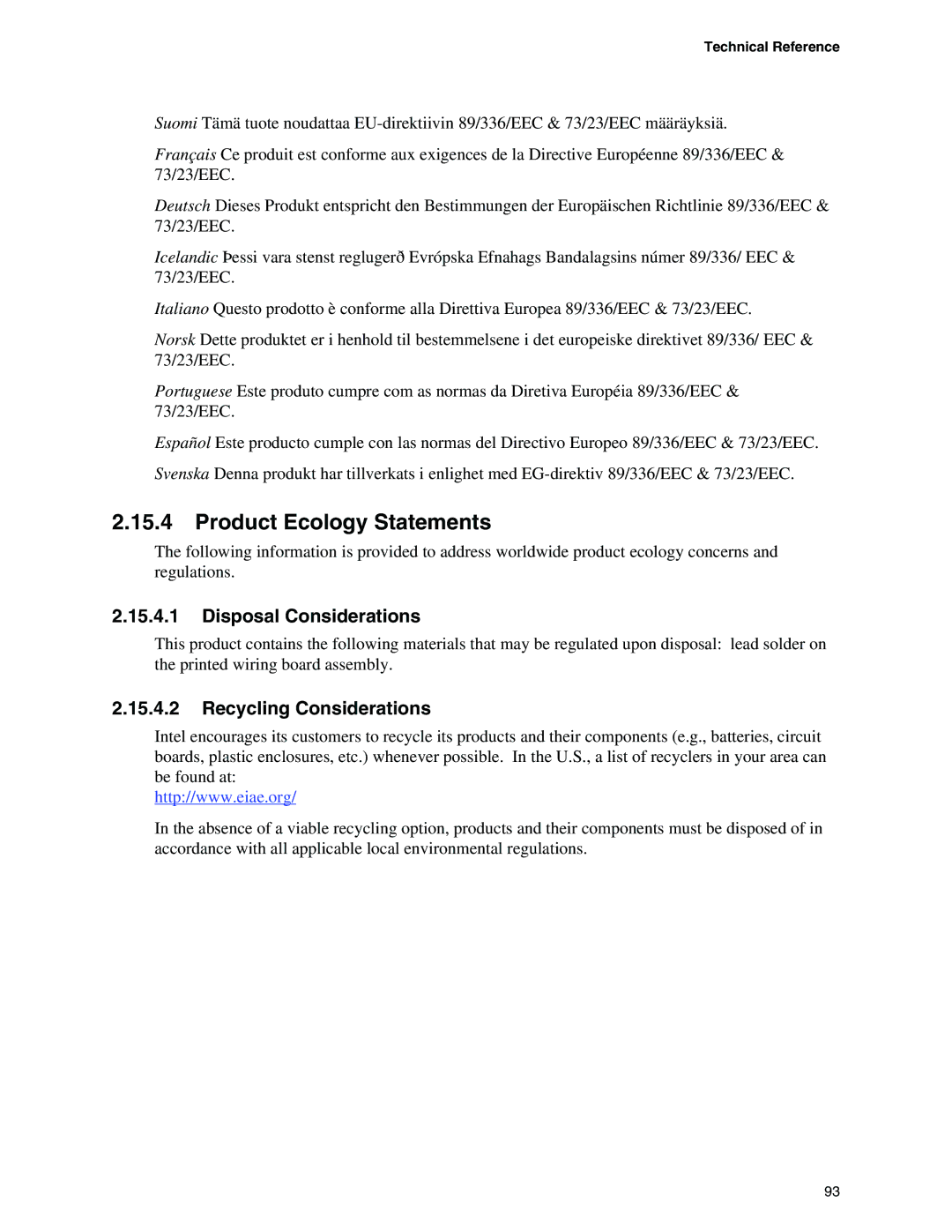 Intel D925XBC, D925XCV specifications Product Ecology Statements, Disposal Considerations, Recycling Considerations 