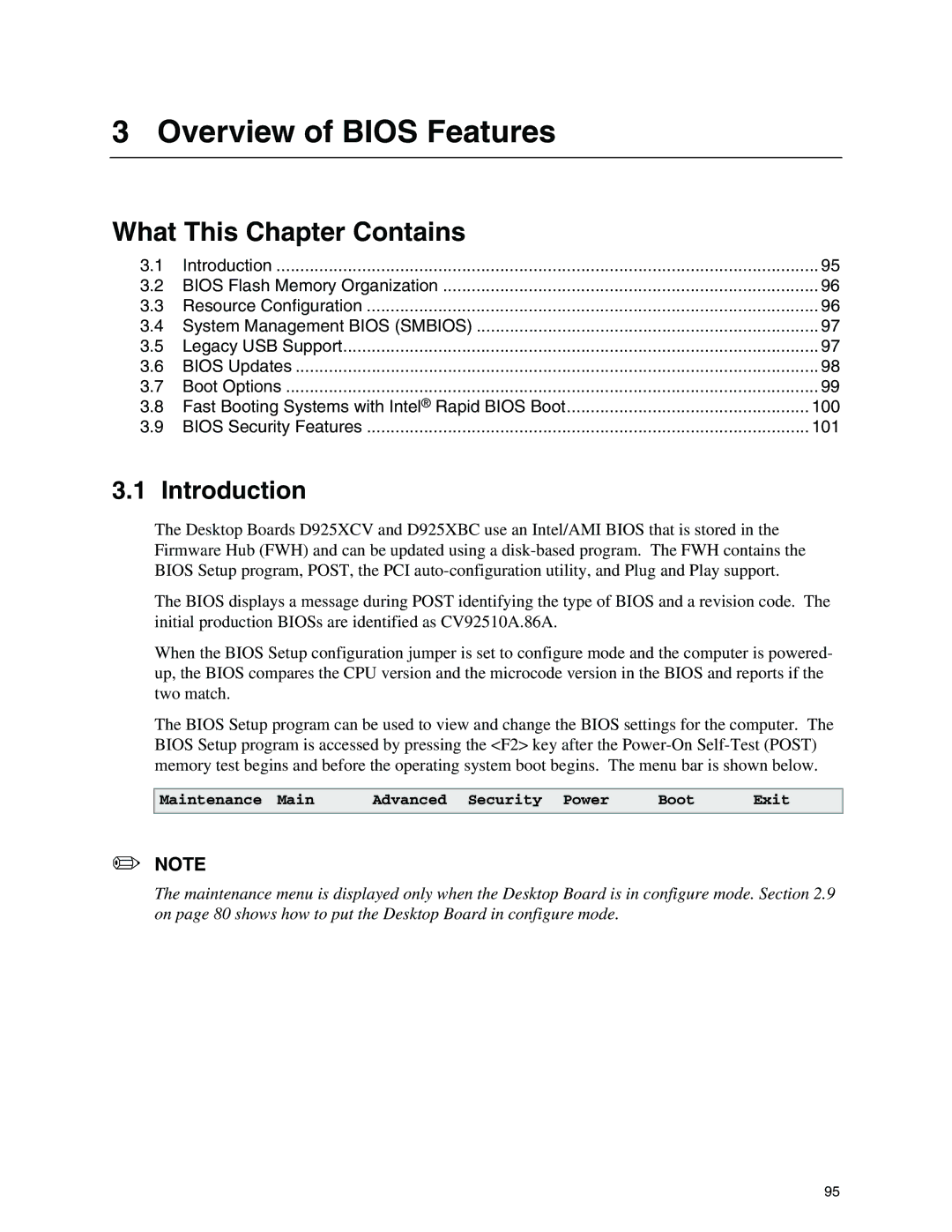 Intel D925XBC, D925XCV specifications Overview of Bios Features 