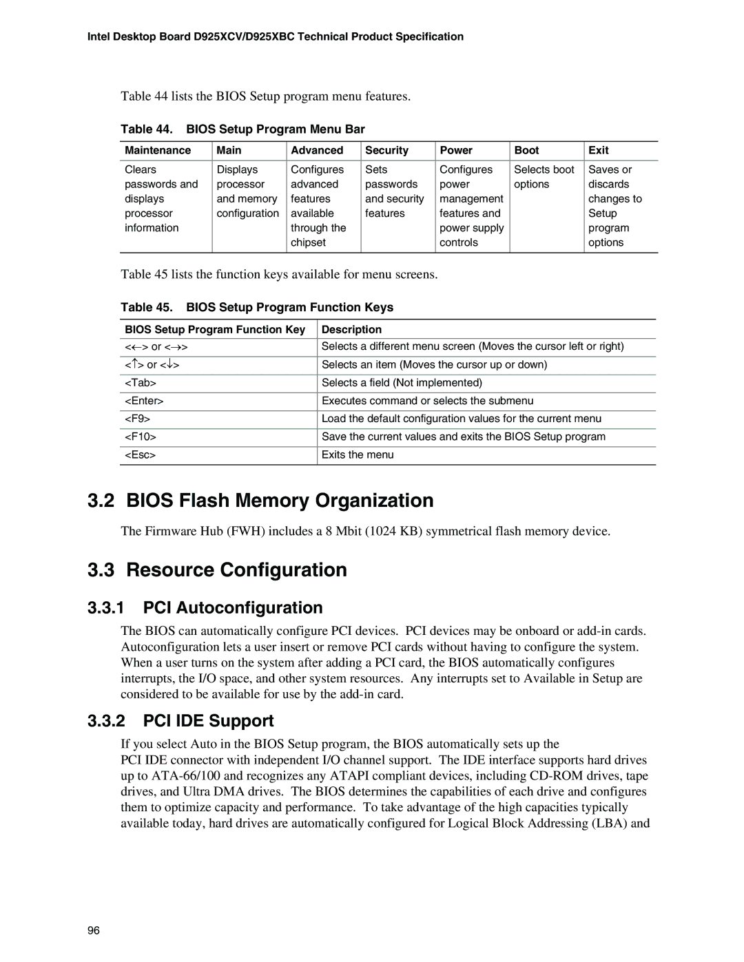 Intel D925XCV, D925XBC Bios Flash Memory Organization, Resource Configuration, PCI Autoconfiguration, PCI IDE Support 