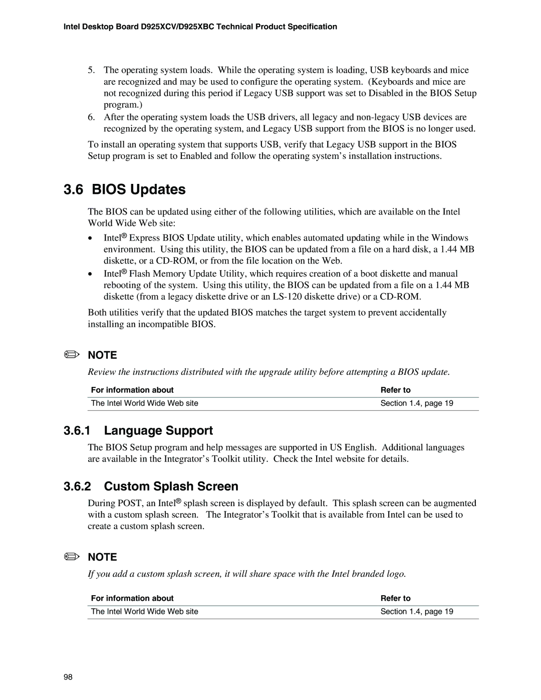 Intel D925XCV, D925XBC specifications Bios Updates, Language Support, Custom Splash Screen 