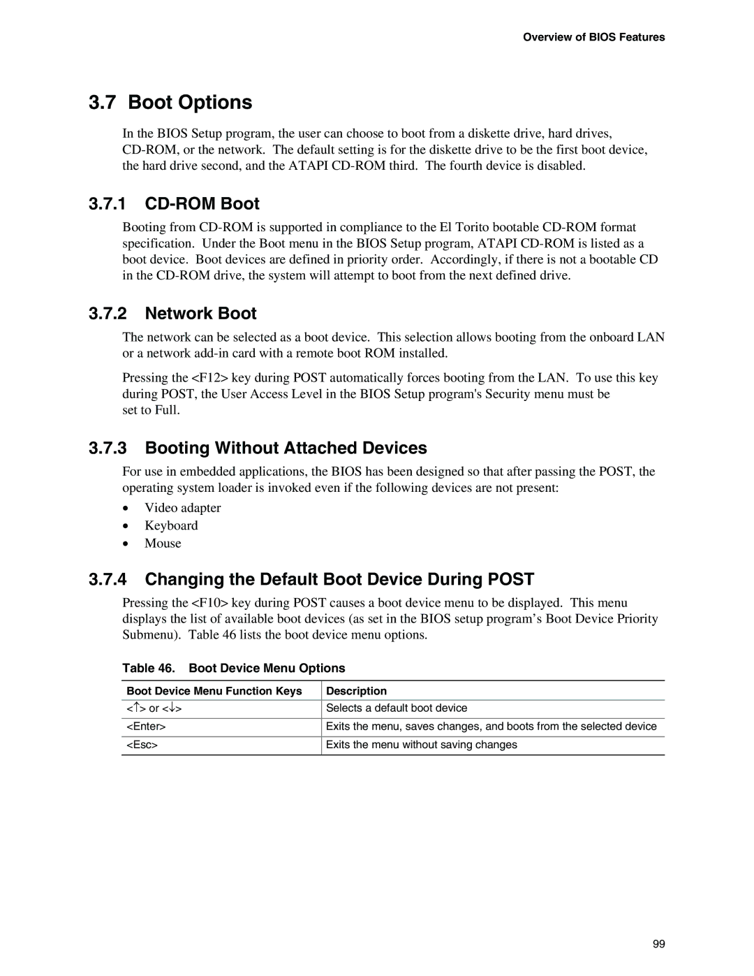 Intel D925XBC, D925XCV specifications Boot Options, CD-ROM Boot, Network Boot, Booting Without Attached Devices 