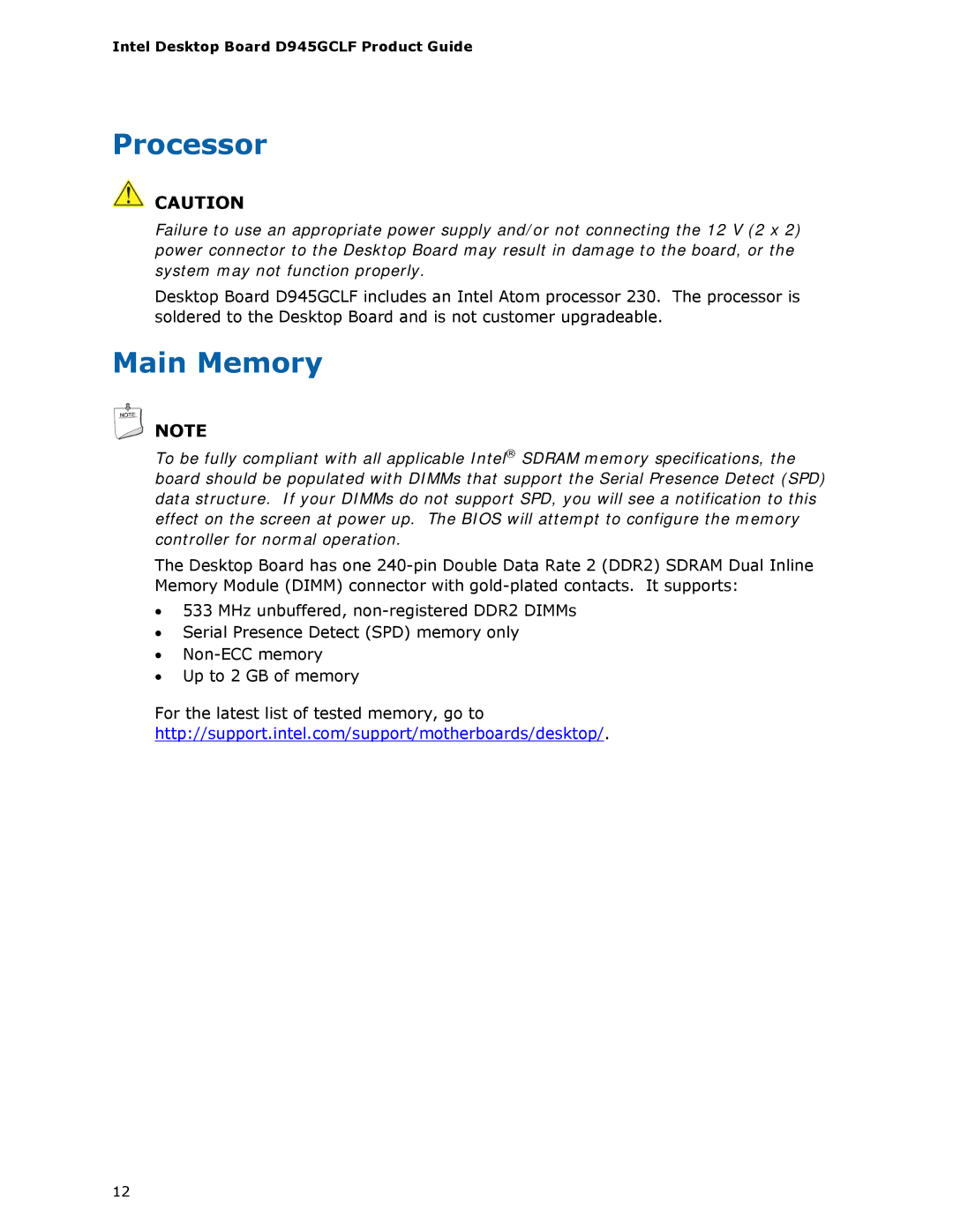 Intel D945GCLF manual Processor, Main Memory 