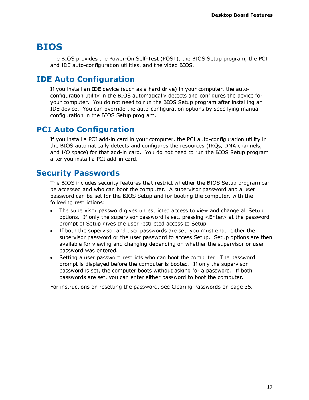 Intel D945GCLF manual IDE Auto Configuration, PCI Auto Configuration, Security Passwords 