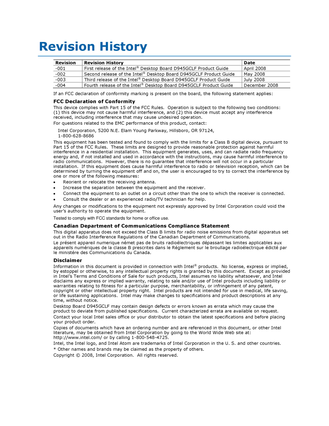 Intel D945GCLF Revision History, FCC Declaration of Conformity, Canadian Department of Communications Compliance Statement 