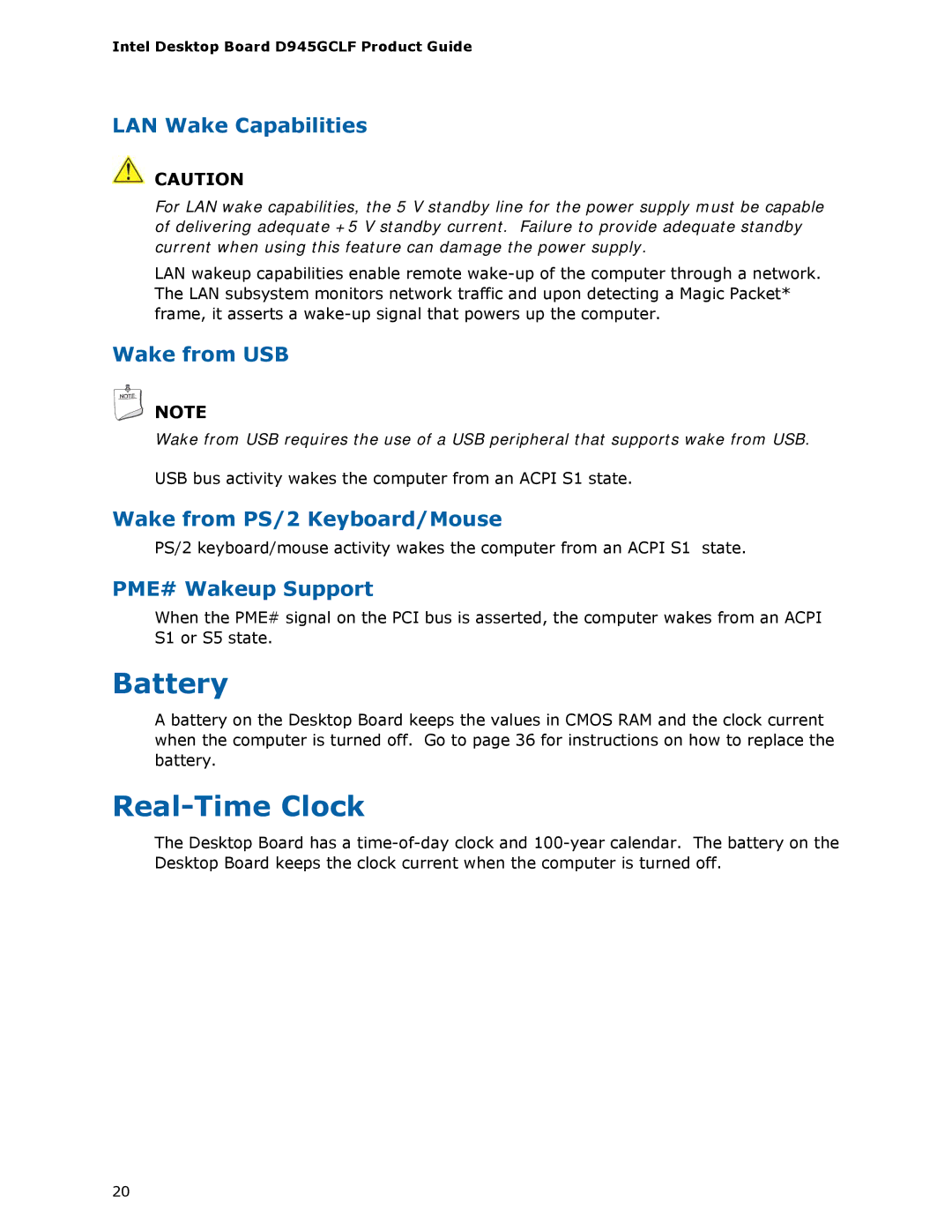 Intel D945GCLF manual Battery, Real-Time Clock 