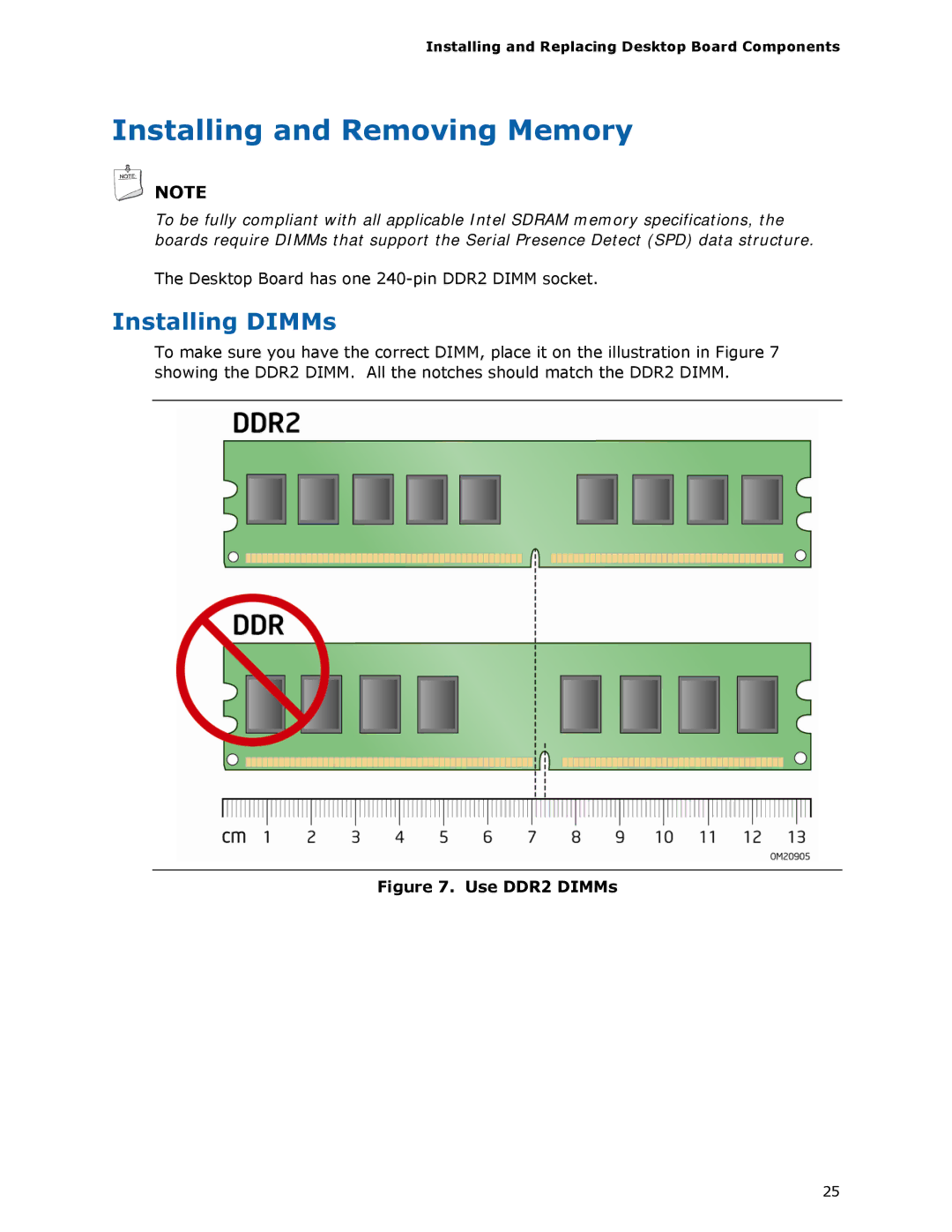 Intel D945GCLF manual Installing and Removing Memory, Installing DIMMs 