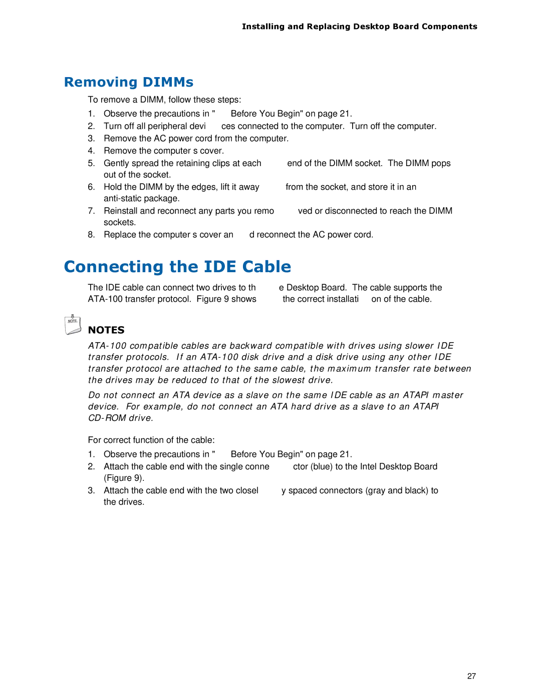 Intel D945GCLF manual Connecting the IDE Cable, Removing DIMMs 