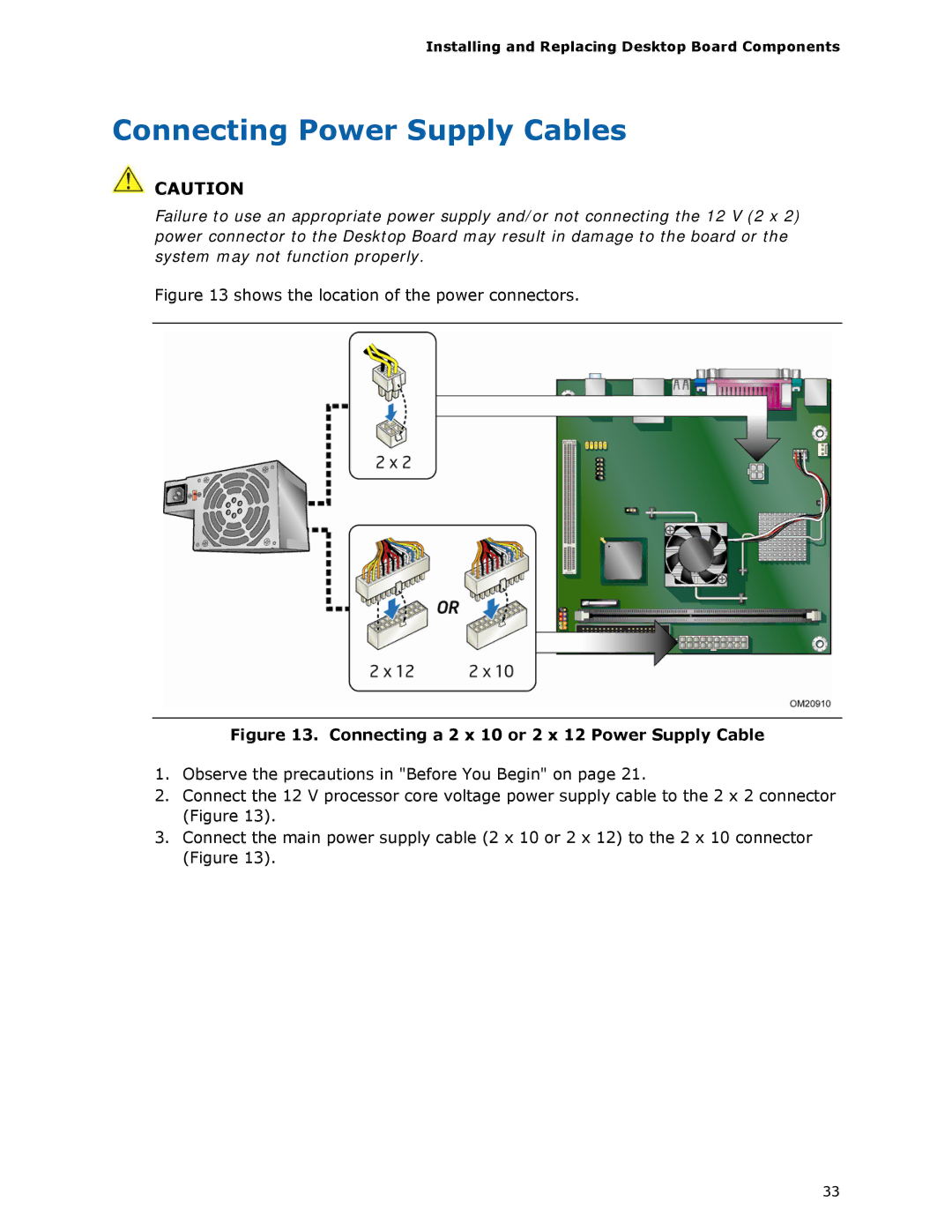 Intel D945GCLF manual Connecting Power Supply Cables, Connecting a 2 x 10 or 2 x 12 Power Supply Cable 