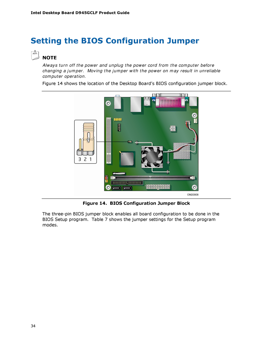 Intel D945GCLF manual Setting the Bios Configuration Jumper, Bios Configuration Jumper Block 