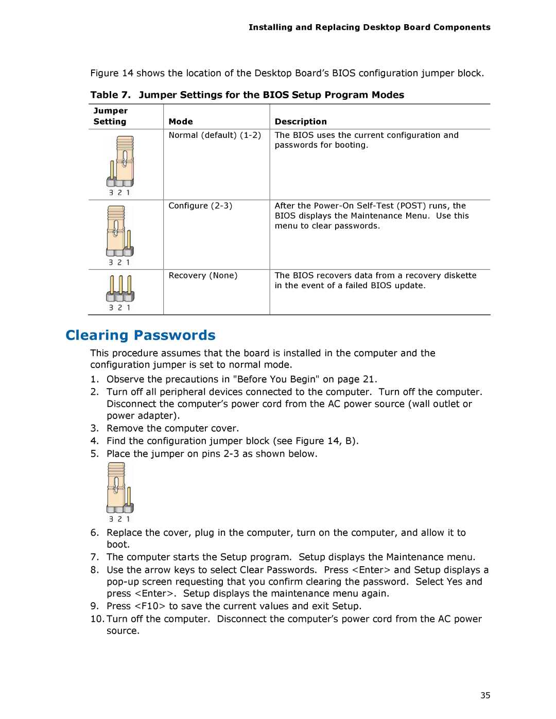 Intel D945GCLF manual Clearing Passwords, Jumper Settings for the Bios Setup Program Modes, Jumper Setting Mode Description 