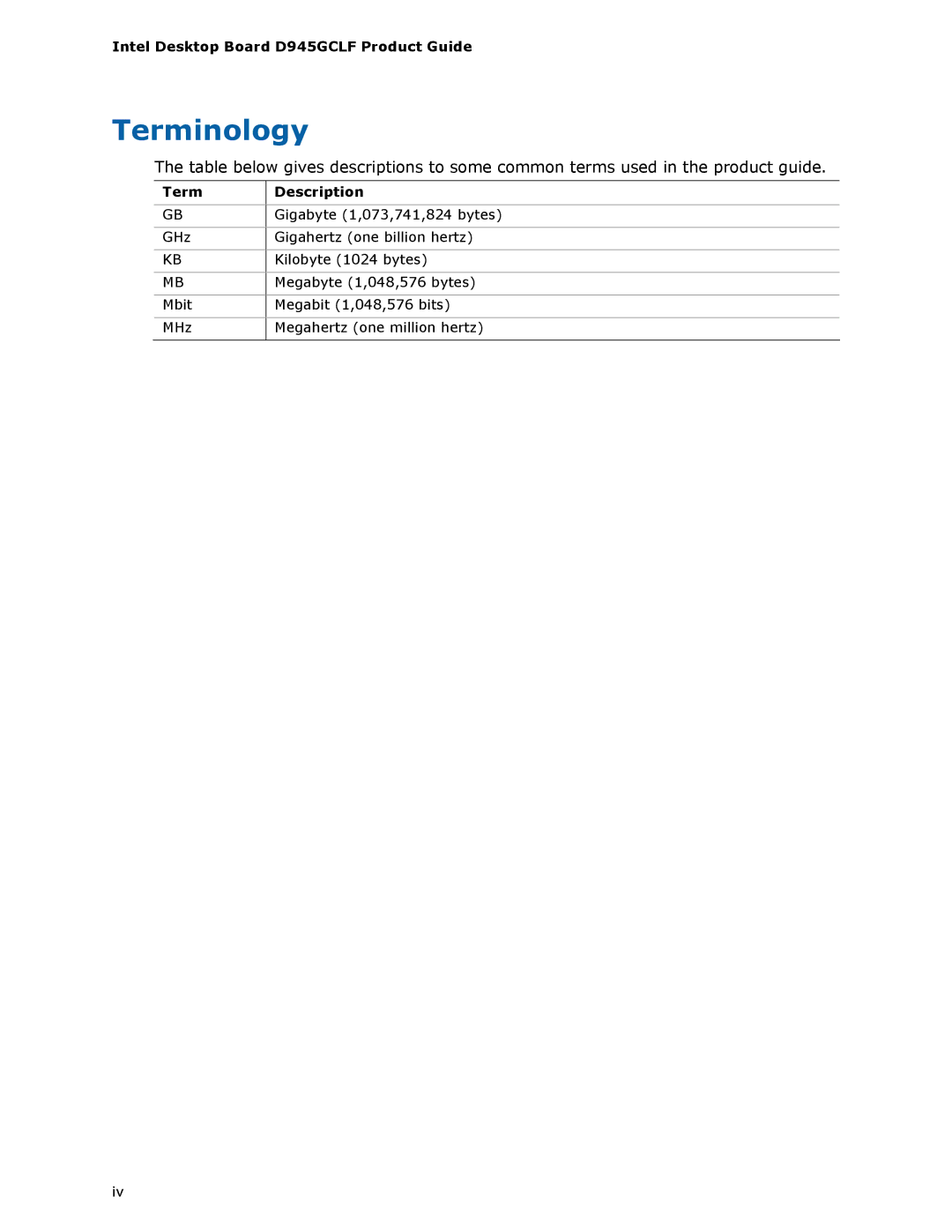 Intel manual Terminology, Intel Desktop Board D945GCLF Product Guide, Term Description 