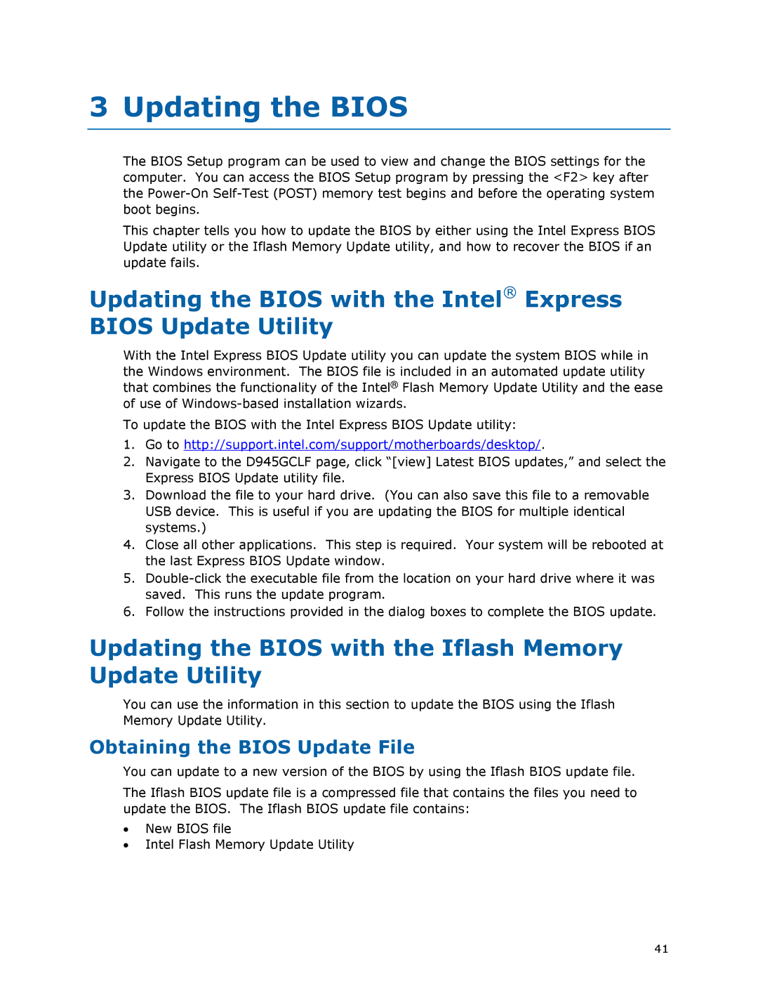 Intel D945GCLF manual Updating the Bios with the Iflash Memory Update Utility, Obtaining the Bios Update File 