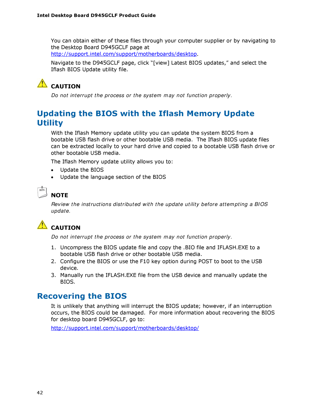 Intel D945GCLF manual Updating the Bios with the Iflash Memory Update Utility, Recovering the Bios 