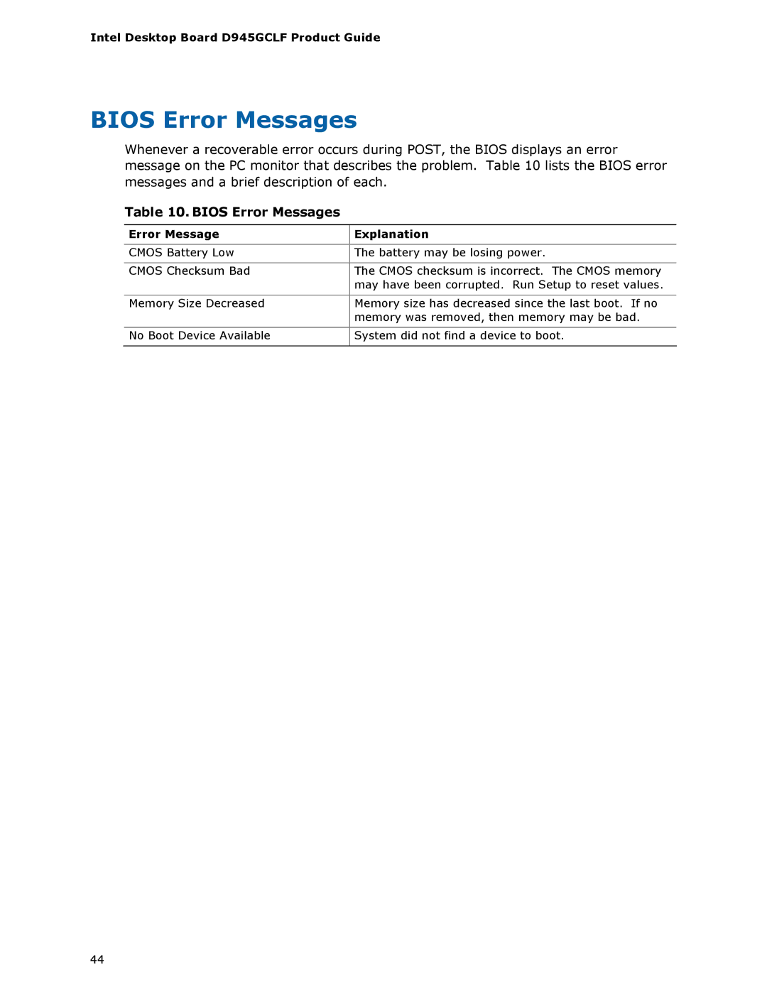 Intel D945GCLF manual Bios Error Messages, Error Message Explanation 