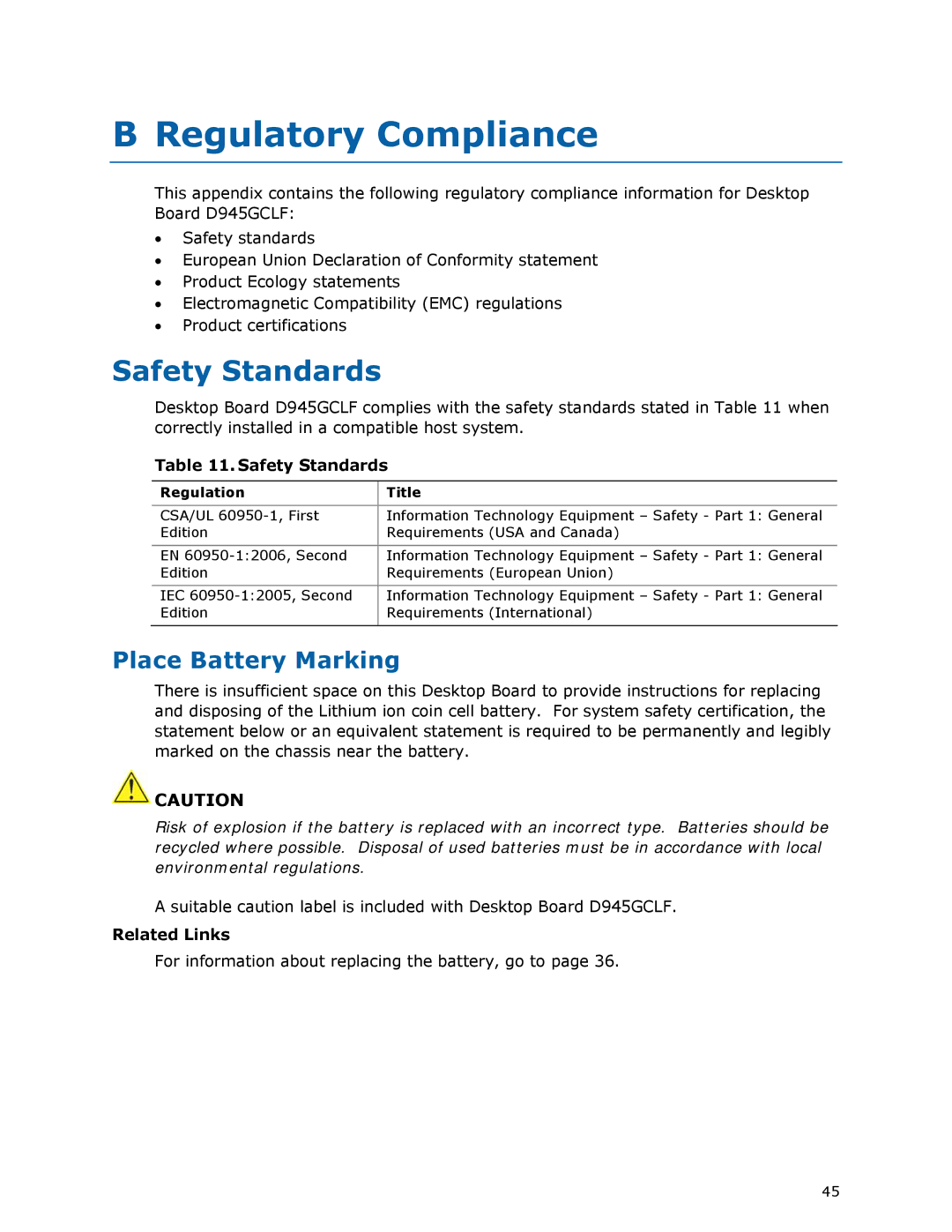 Intel D945GCLF manual Regulatory Compliance, Safety Standards, Place Battery Marking, Regulation Title 