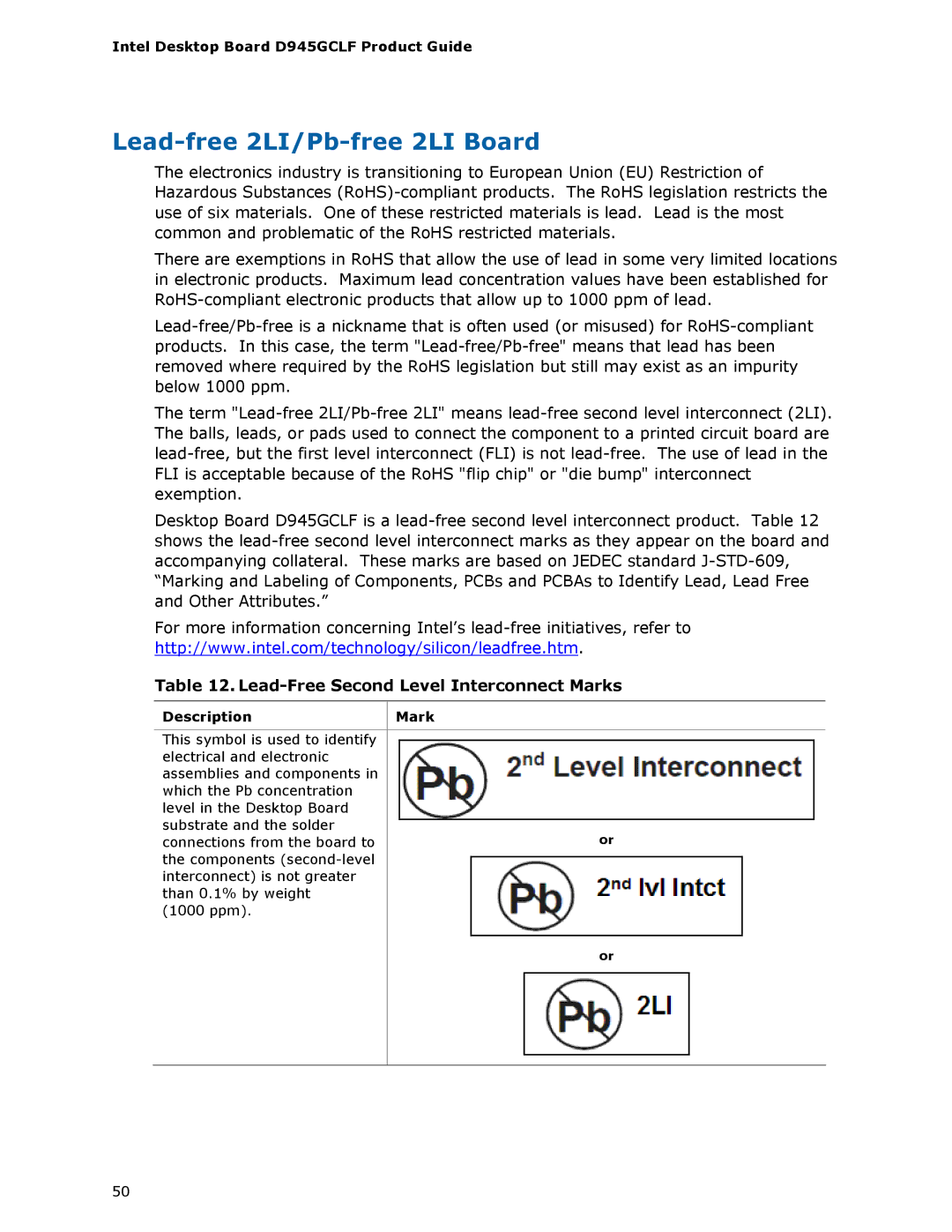 Intel D945GCLF manual Lead-free 2LI/Pb-free 2LI Board, Lead-Free Second Level Interconnect Marks, Description Mark 