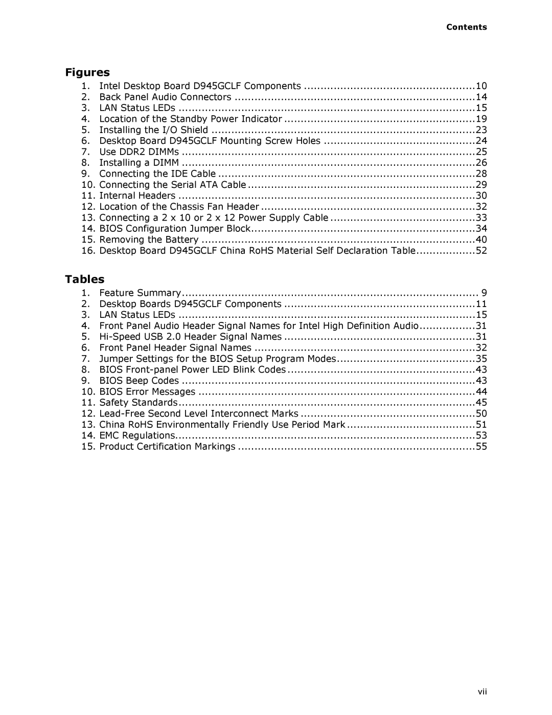 Intel D945GCLF manual Tables, Contents 