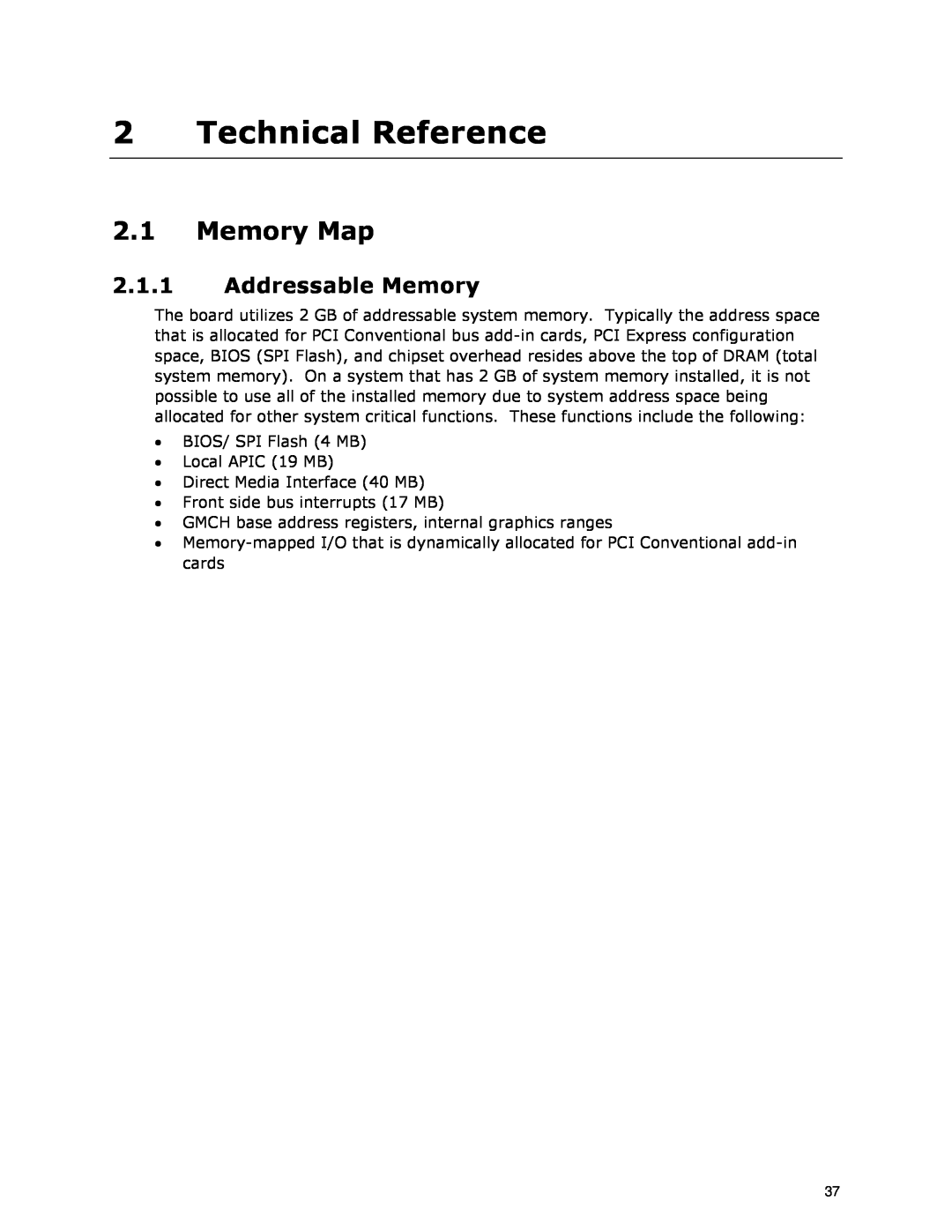 Intel D945GCLF2 specifications Technical Reference, Memory Map, Addressable Memory 