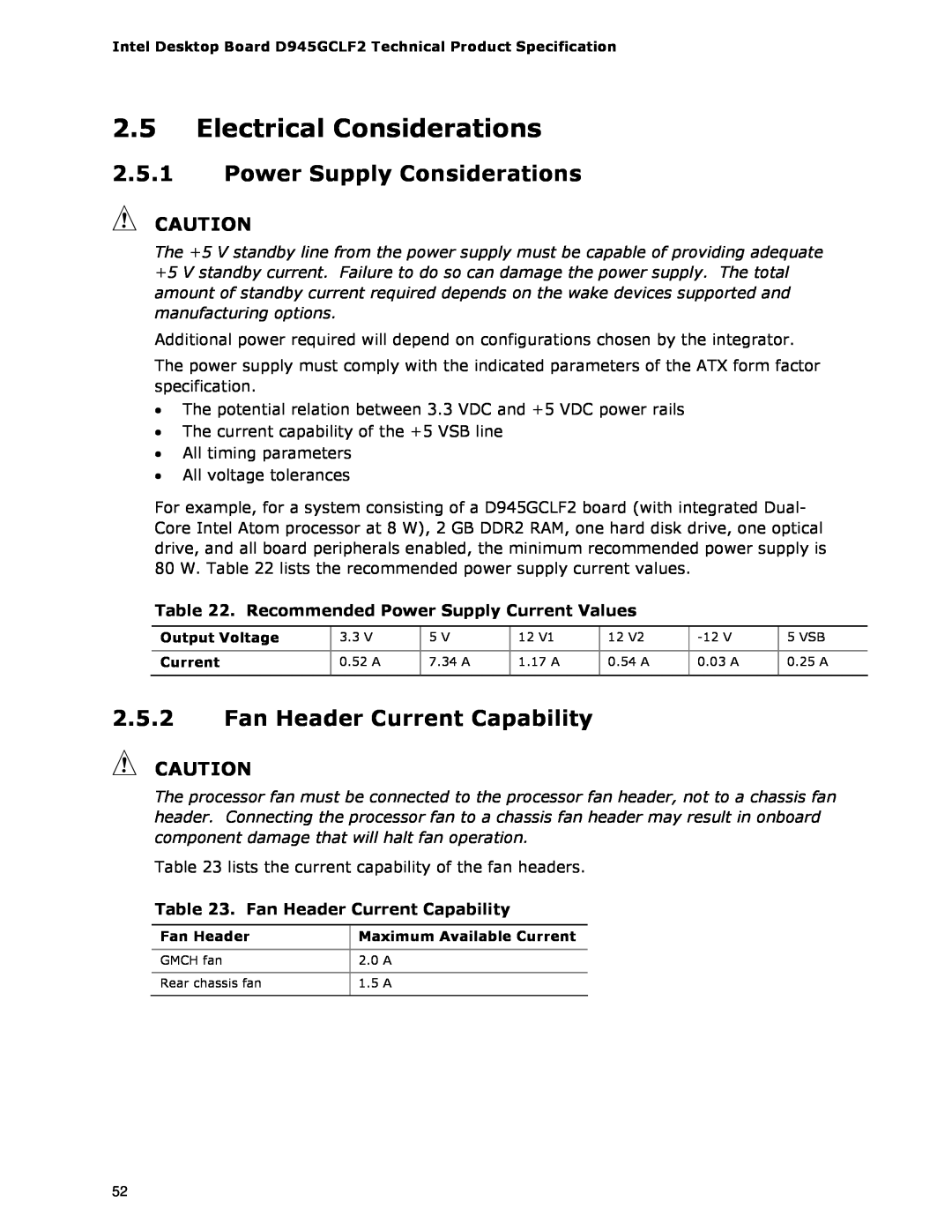 Intel D945GCLF2 specifications Electrical Considerations, Power Supply Considerations, Fan Header Current Capability 
