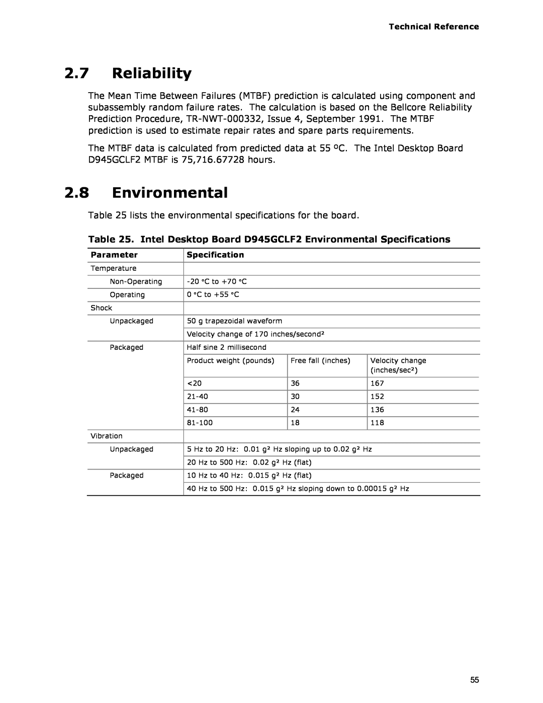 Intel specifications Reliability, Intel Desktop Board D945GCLF2 Environmental Specifications 