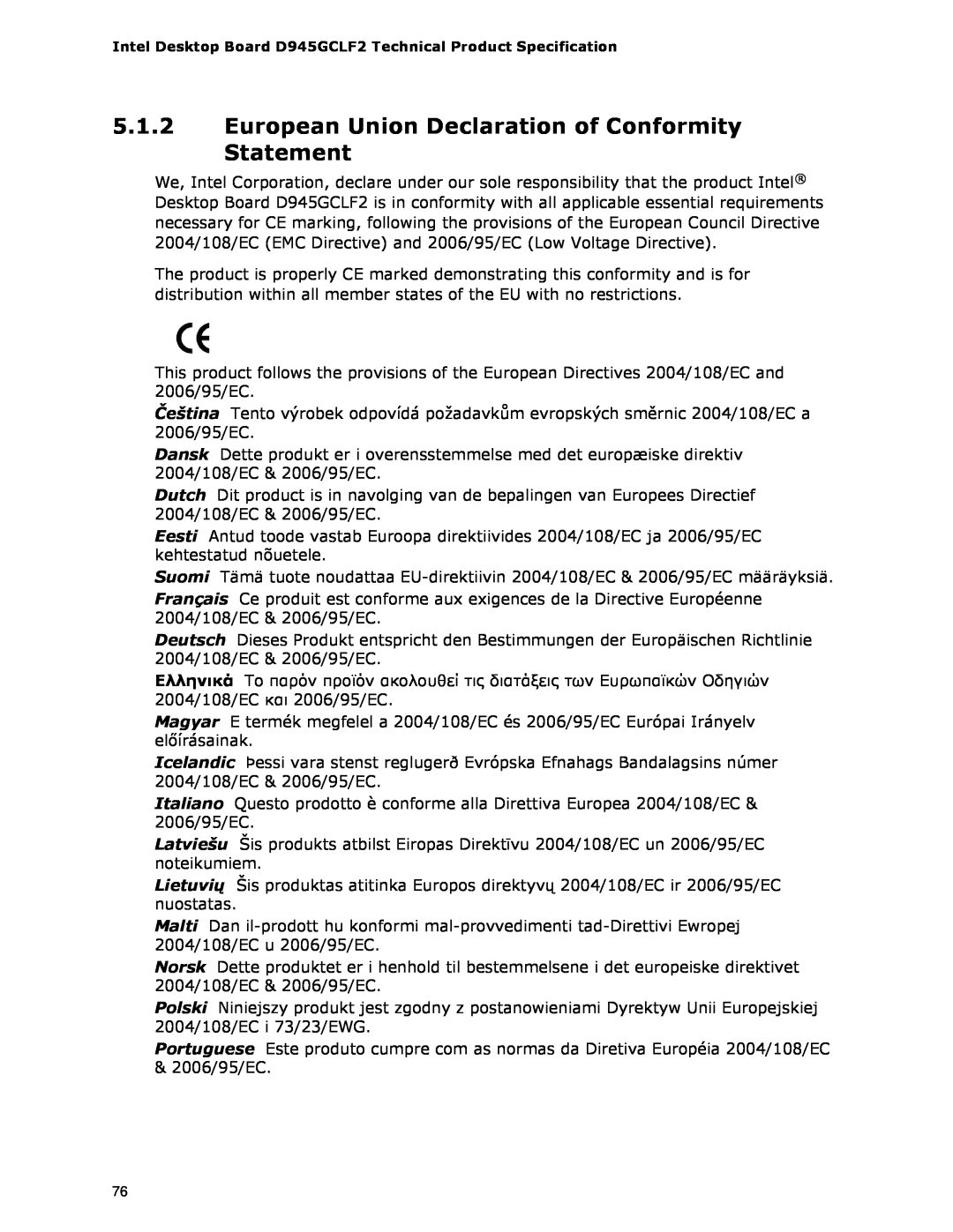 Intel D945GCLF2 specifications European Union Declaration of Conformity Statement 