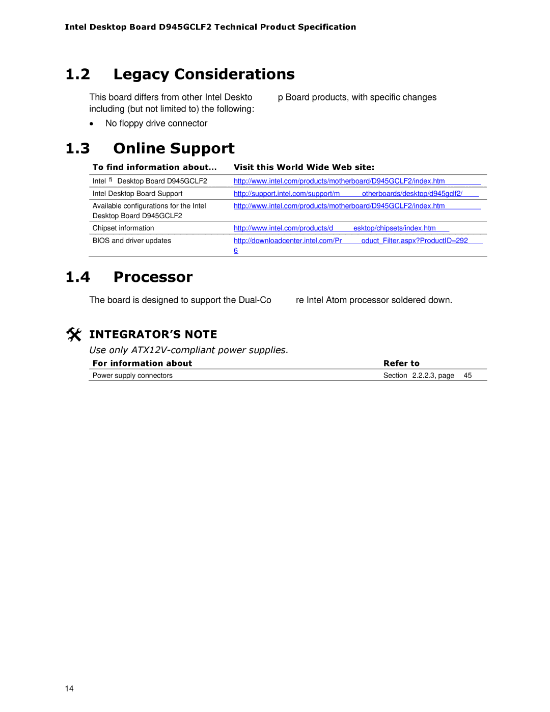 Intel D945GCLF2 specifications Legacy Considerations, Online Support, Processor, For information about Refer to 