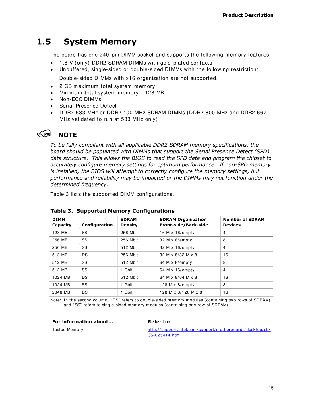 Intel D945GCLF2 specifications System Memory, Supported Memory Configurations, For information about… Refer to 