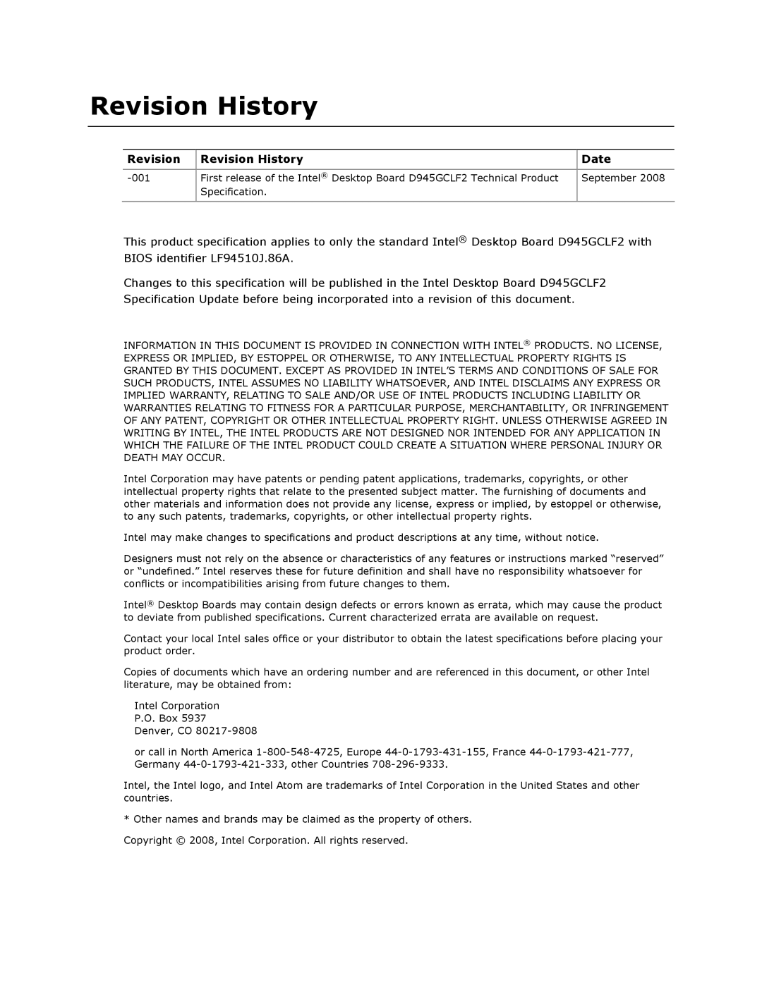 Intel D945GCLF2 specifications Revision Revision History Date 