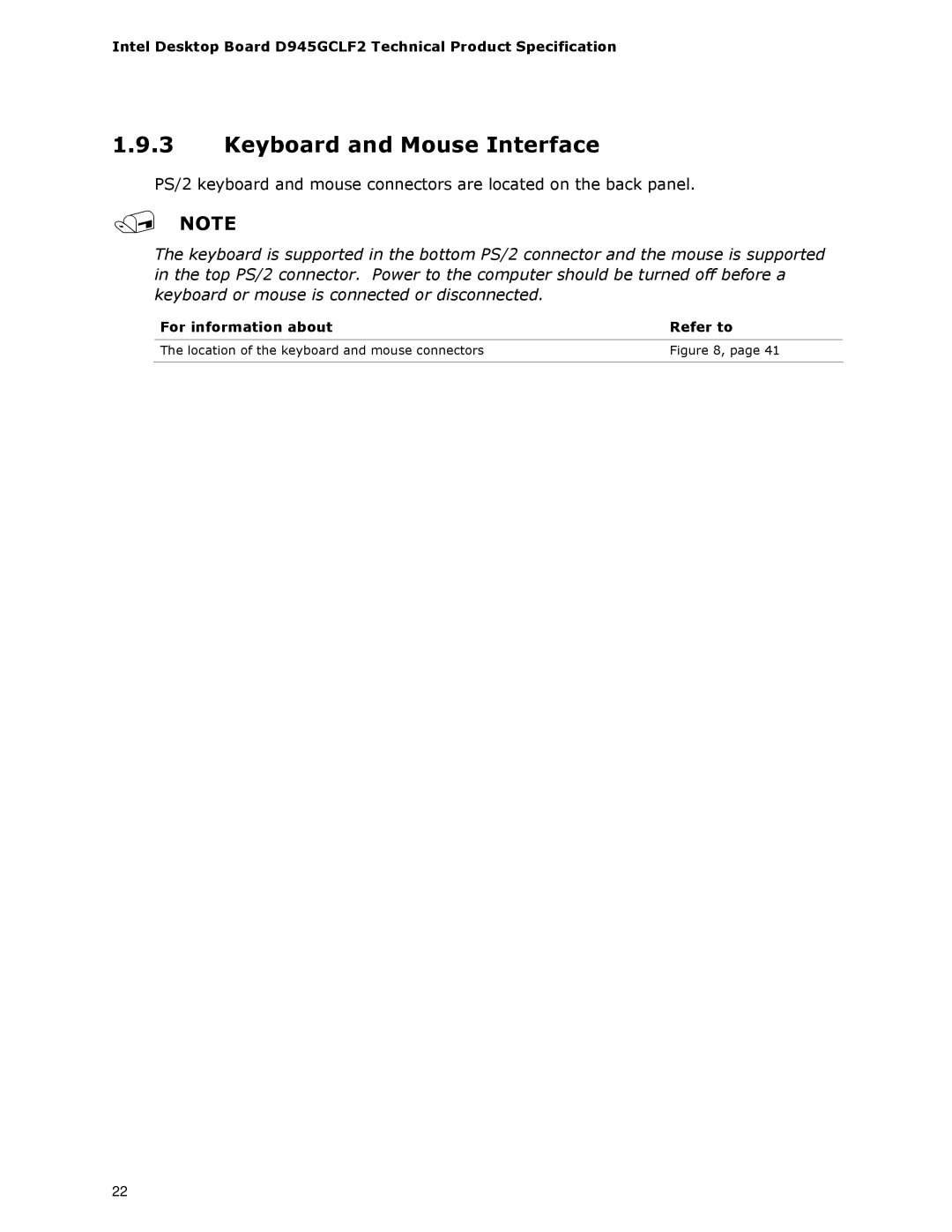 Intel D945GCLF2 specifications Keyboard and Mouse Interface 