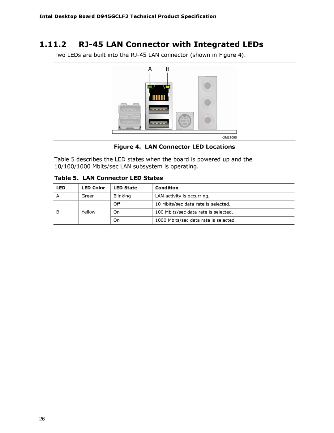 Intel D945GCLF2 specifications 11.2 RJ-45 LAN Connector with Integrated LEDs, LAN Connector LED States 