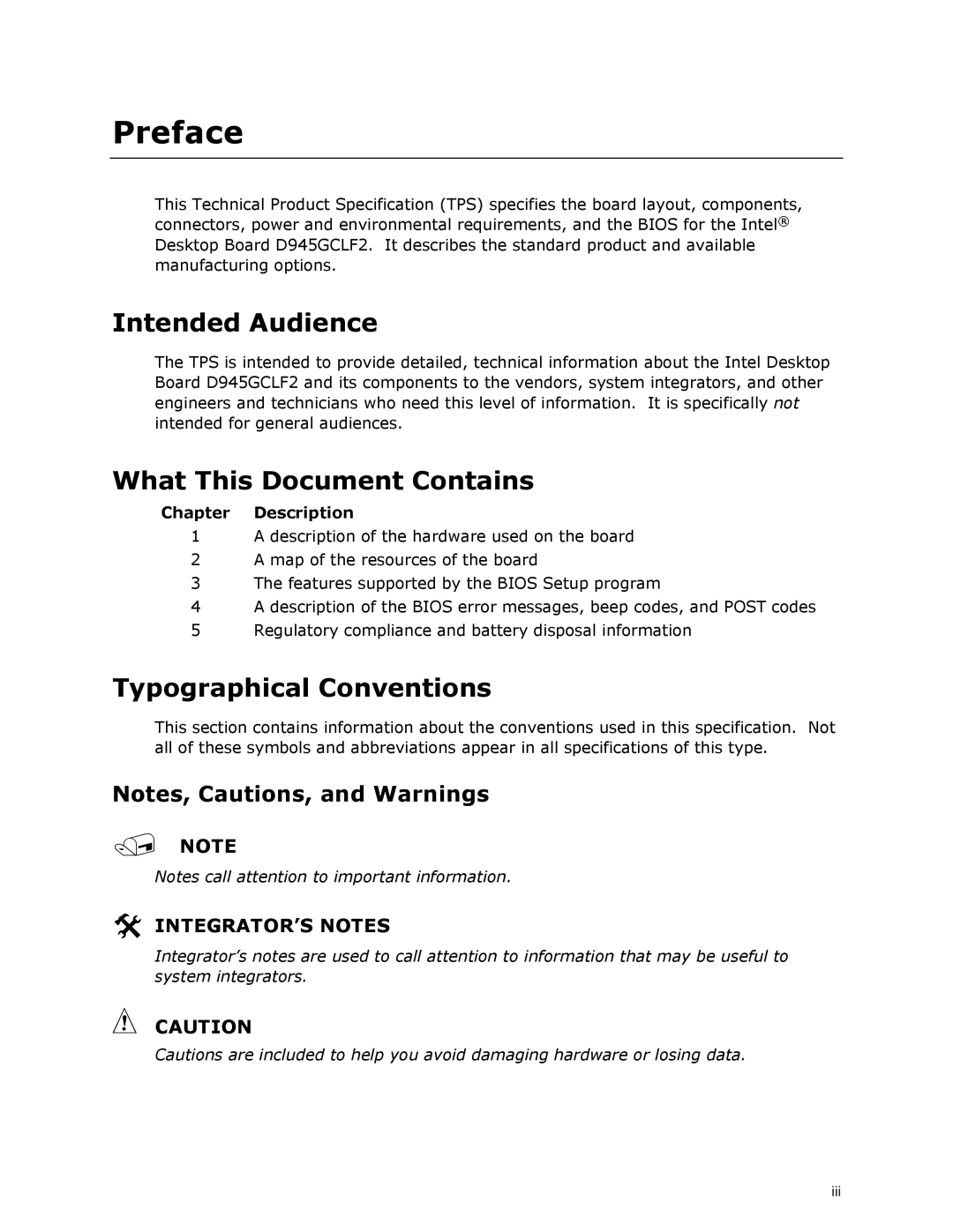 Intel D945GCLF2 Intended Audience, What This Document Contains, Typographical Conventions, Chapter Description 