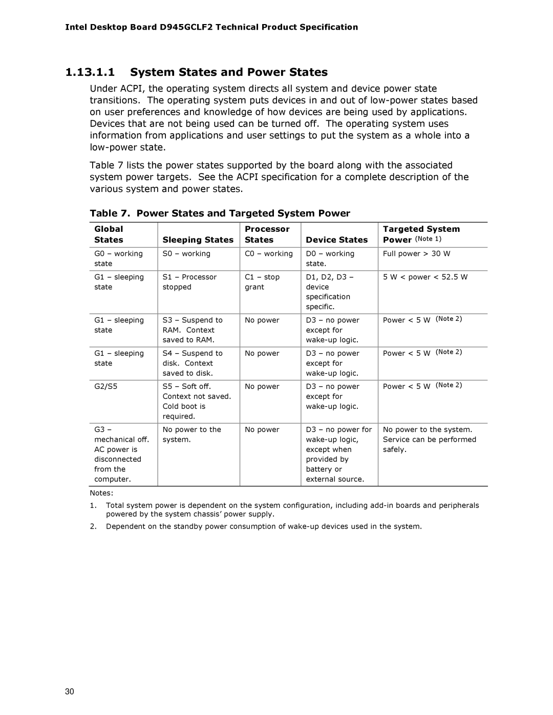 Intel D945GCLF2 specifications System States and Power States, Power States and Targeted System Power 