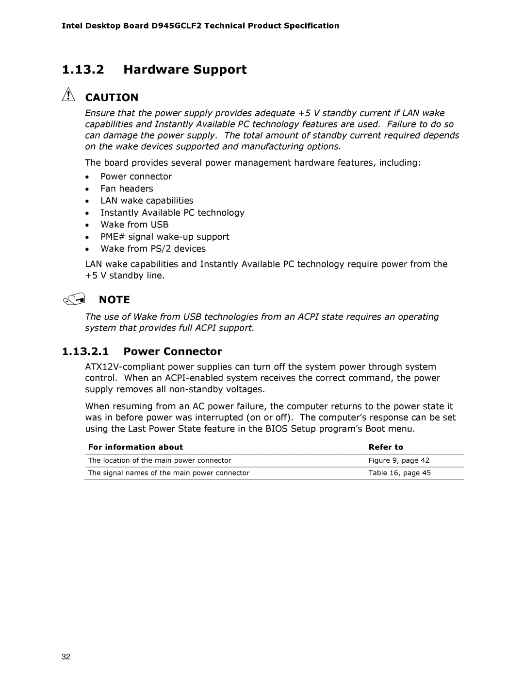 Intel D945GCLF2 specifications Hardware Support, Power Connector 