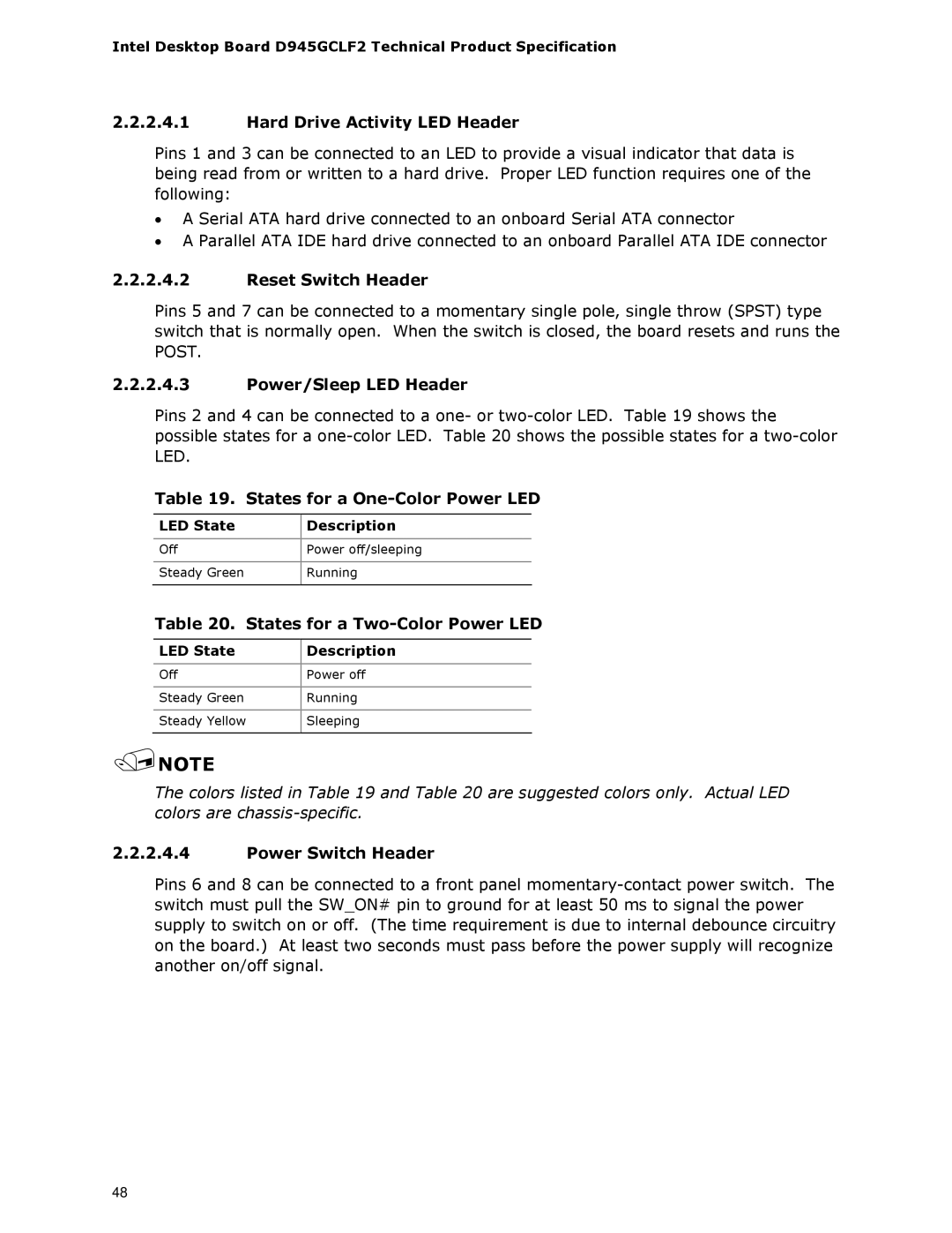 Intel D945GCLF2 Hard Drive Activity LED Header, Reset Switch Header, Power/Sleep LED Header, Power Switch Header 