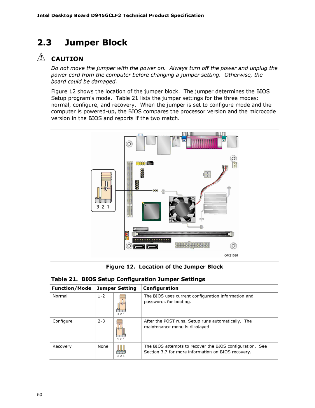 Intel D945GCLF2 specifications Jumper Block, Function/Mode Jumper Setting Configuration 