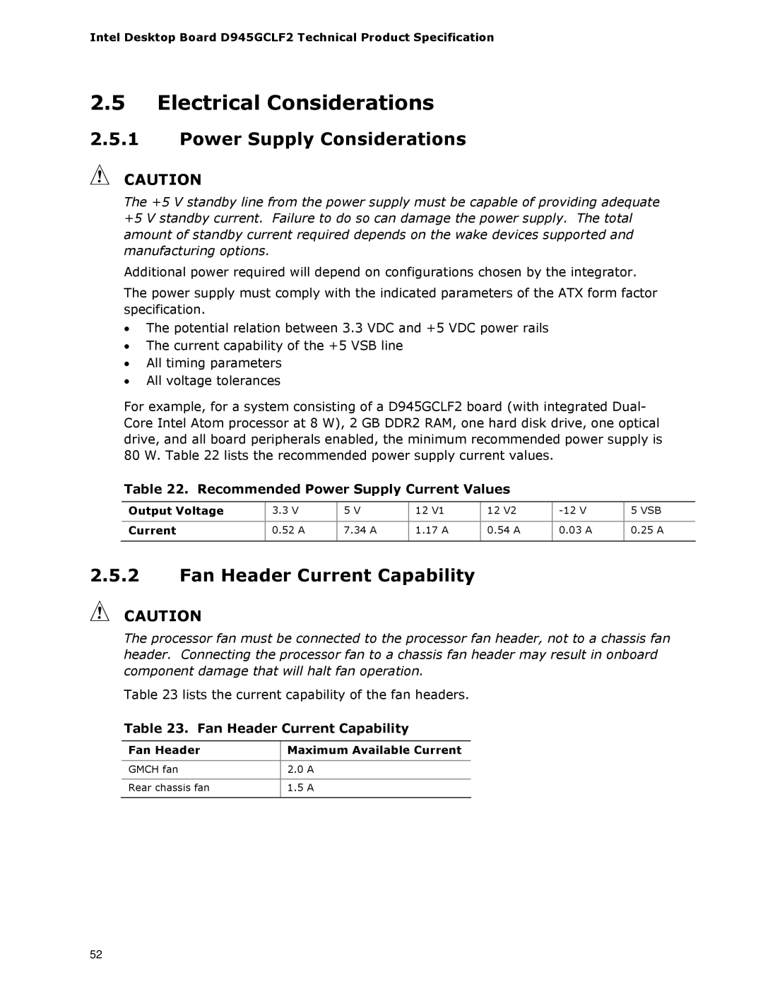 Intel D945GCLF2 specifications Electrical Considerations, Power Supply Considerations, Fan Header Current Capability 