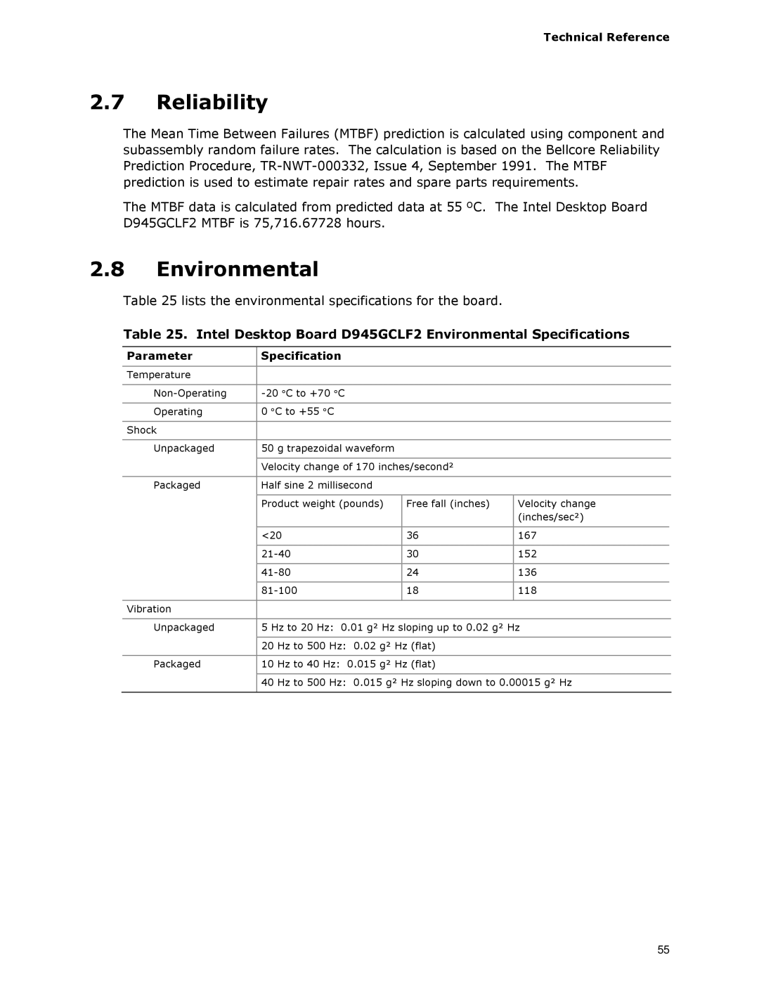 Intel Reliability, Intel Desktop Board D945GCLF2 Environmental Specifications, Parameter Specification 