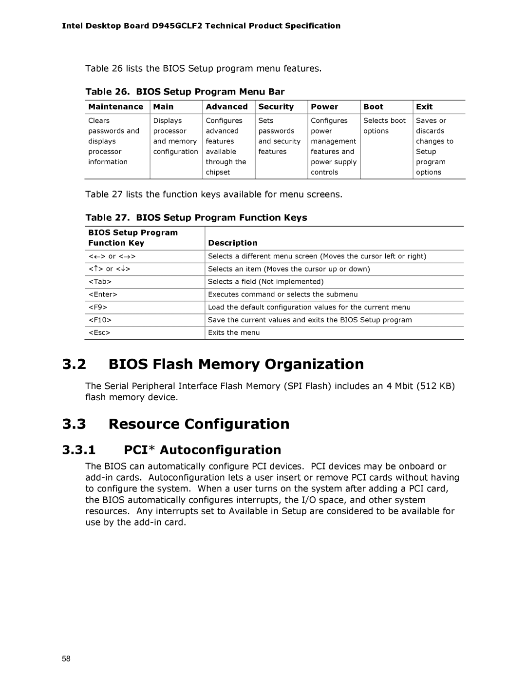 Intel D945GCLF2 specifications Bios Flash Memory Organization, Resource Configuration, 1 PCI* Autoconfiguration 