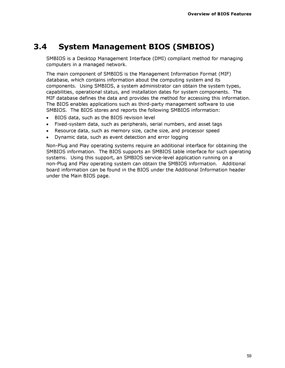 Intel D945GCLF2 specifications System Management Bios Smbios, Overview of Bios Features 