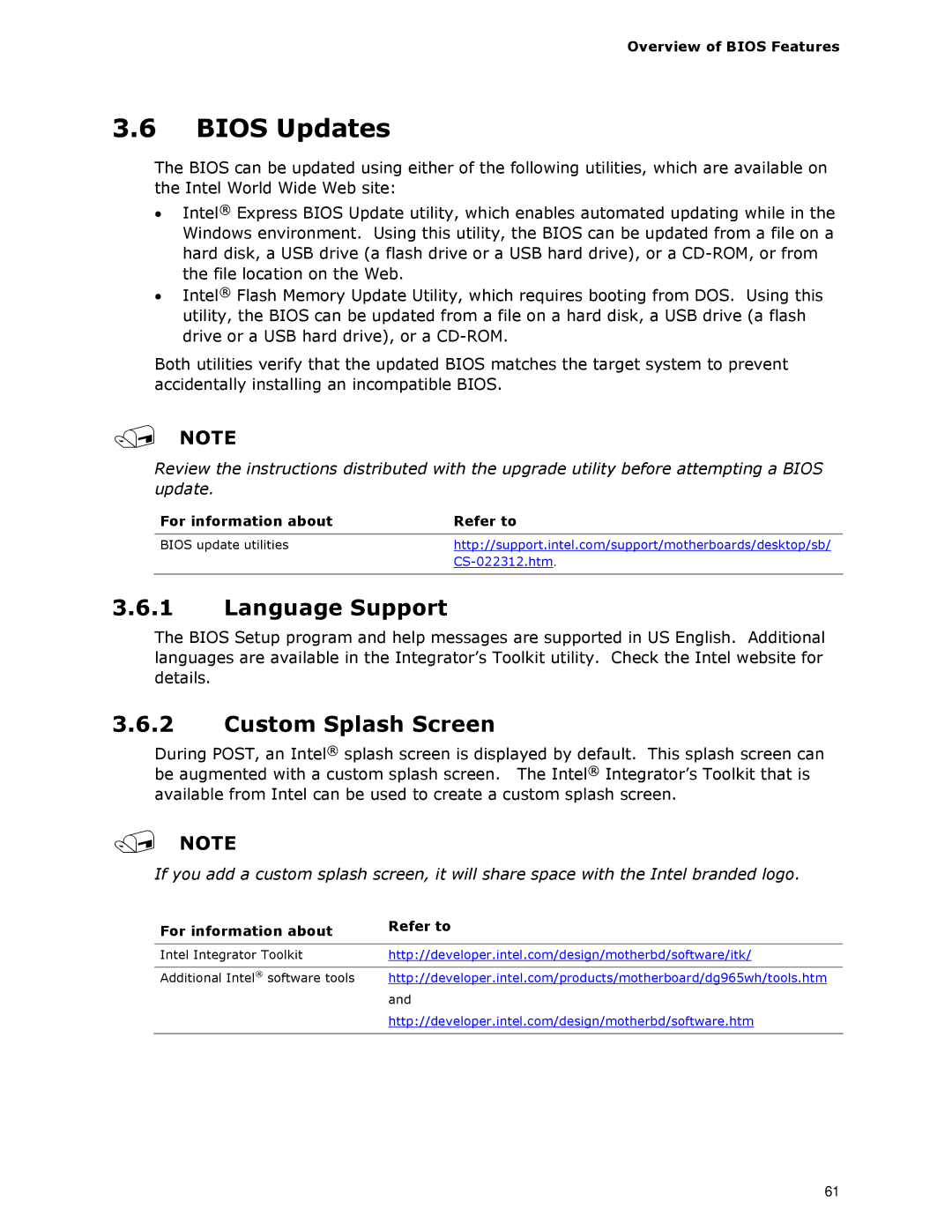 Intel D945GCLF2 specifications Bios Updates, Language Support, Custom Splash Screen 