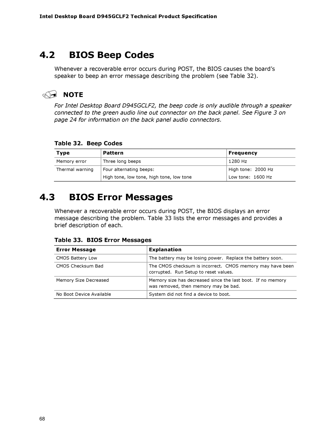 Intel D945GCLF2 specifications Bios Beep Codes, Bios Error Messages 