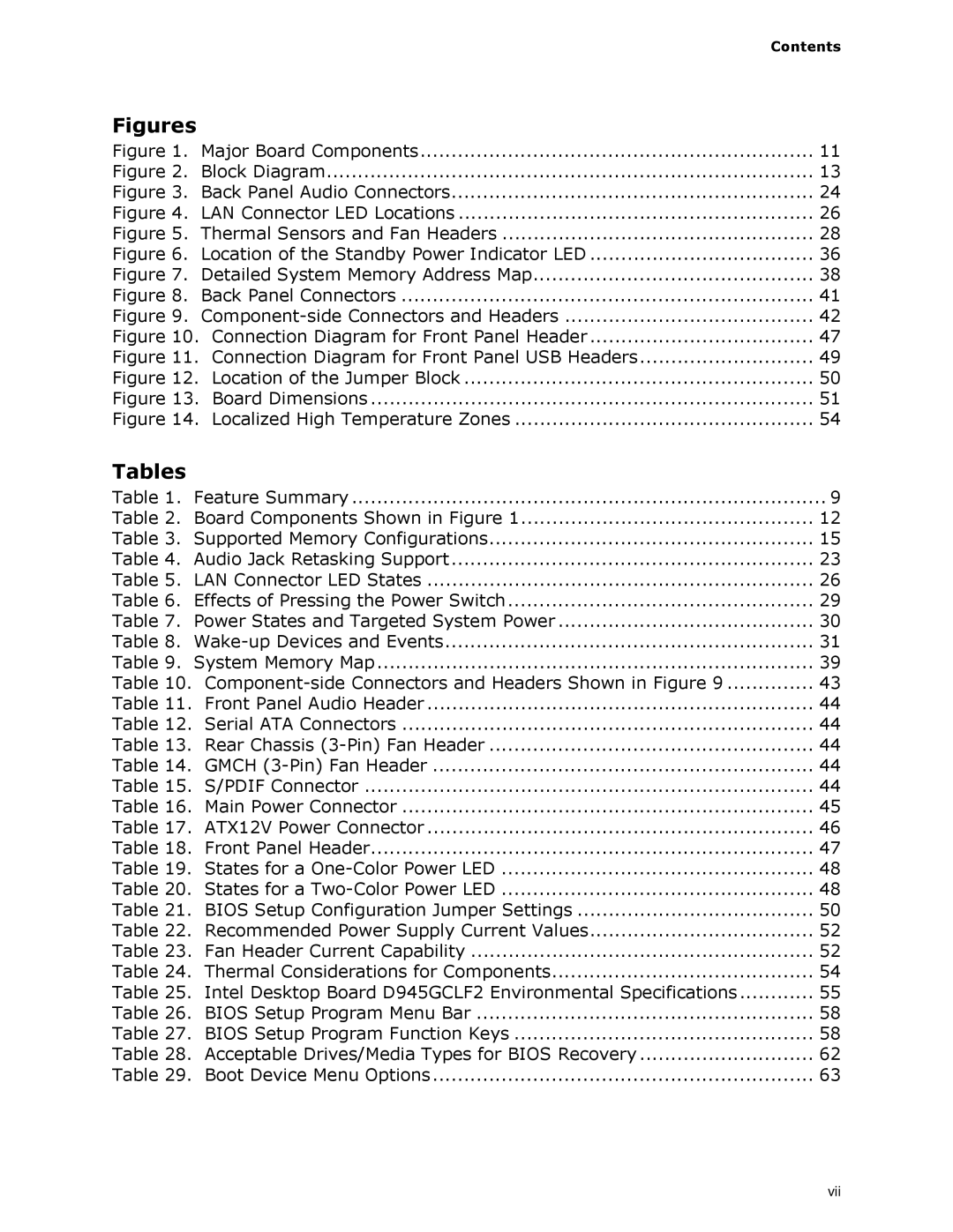 Intel D945GCLF2 specifications Tables, Contents 