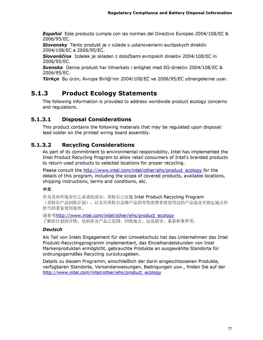 Intel D945GCLF2 specifications Product Ecology Statements, Disposal Considerations, Recycling Considerations 